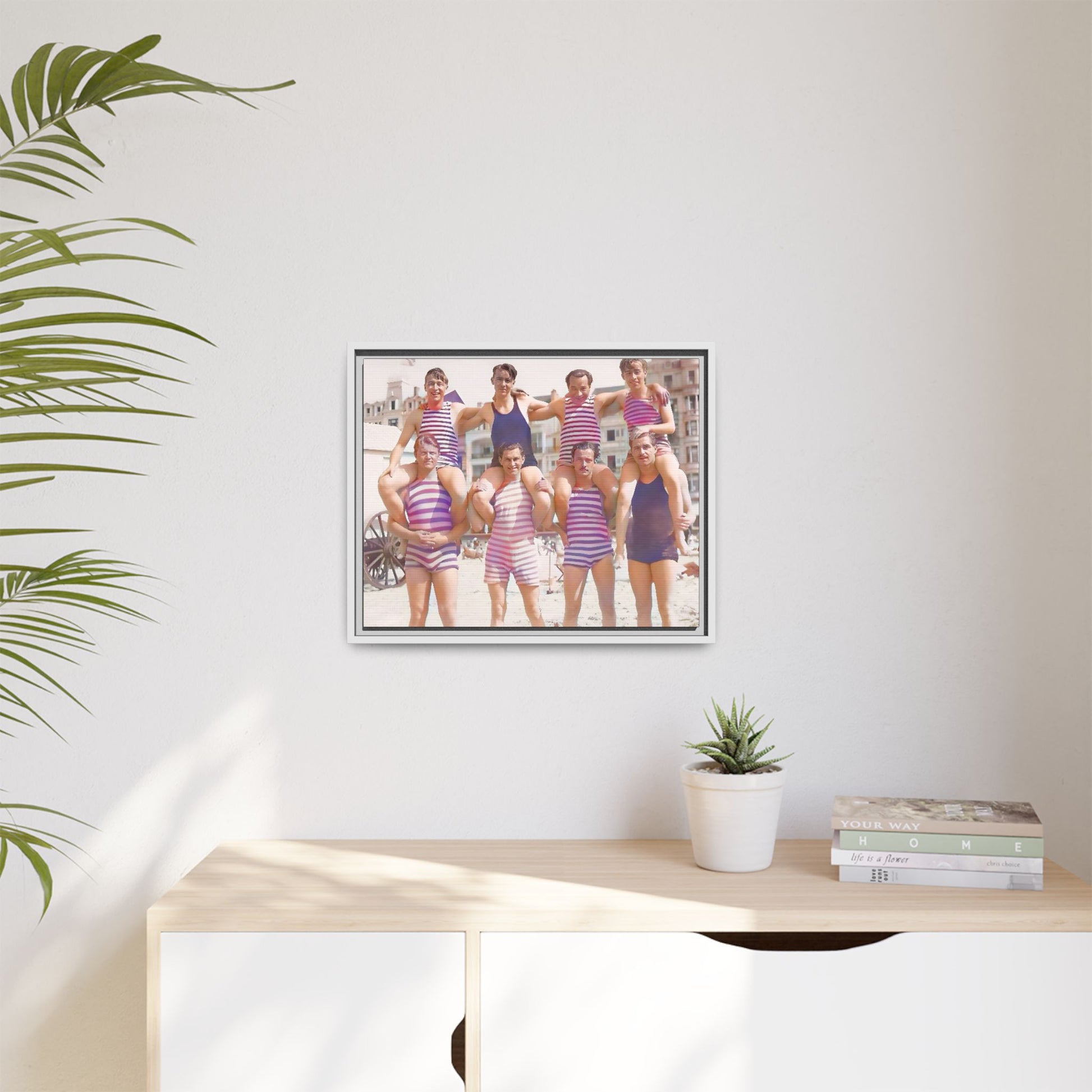 Restored vintage photo of a Bachelor Party in Corpus Christi TX, featuring men in striped swimwear forming human towers, framed canvas art.