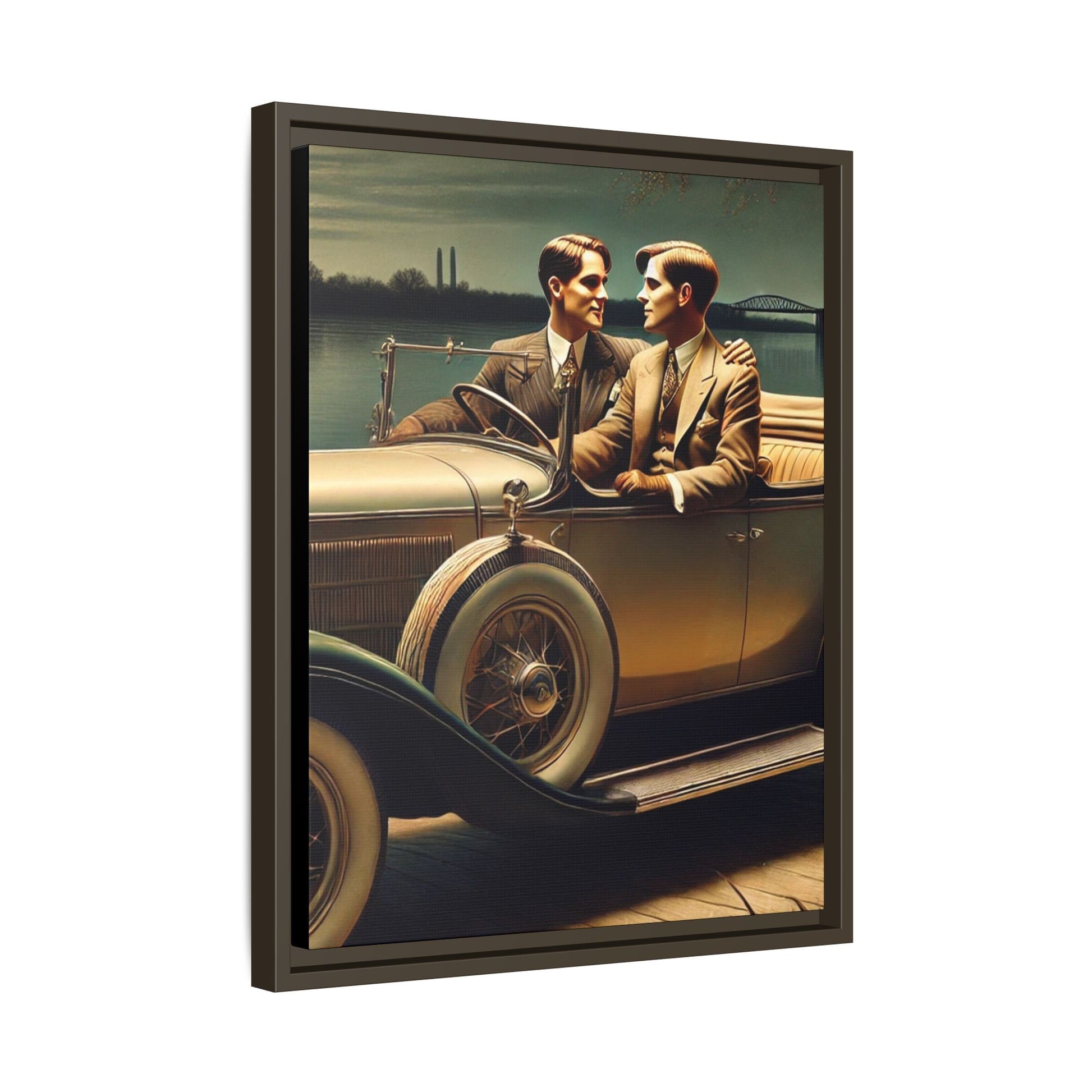 Vintage-style artwork of a gay couple in a 1930 Packard car by the Mississippi River under moonlight, celebrating love and history.