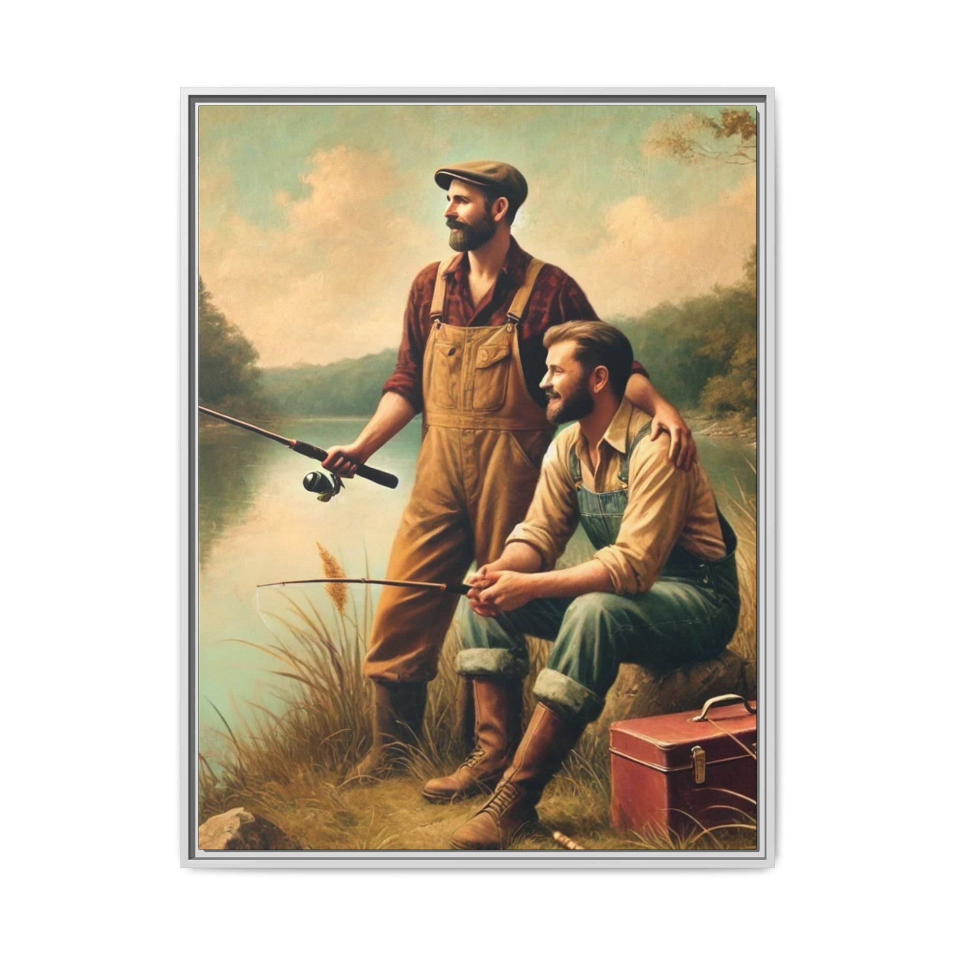 Vintage-style artwork of a gay couple fishing at a serene lakeside in the 1930s, celebrating love and rural life