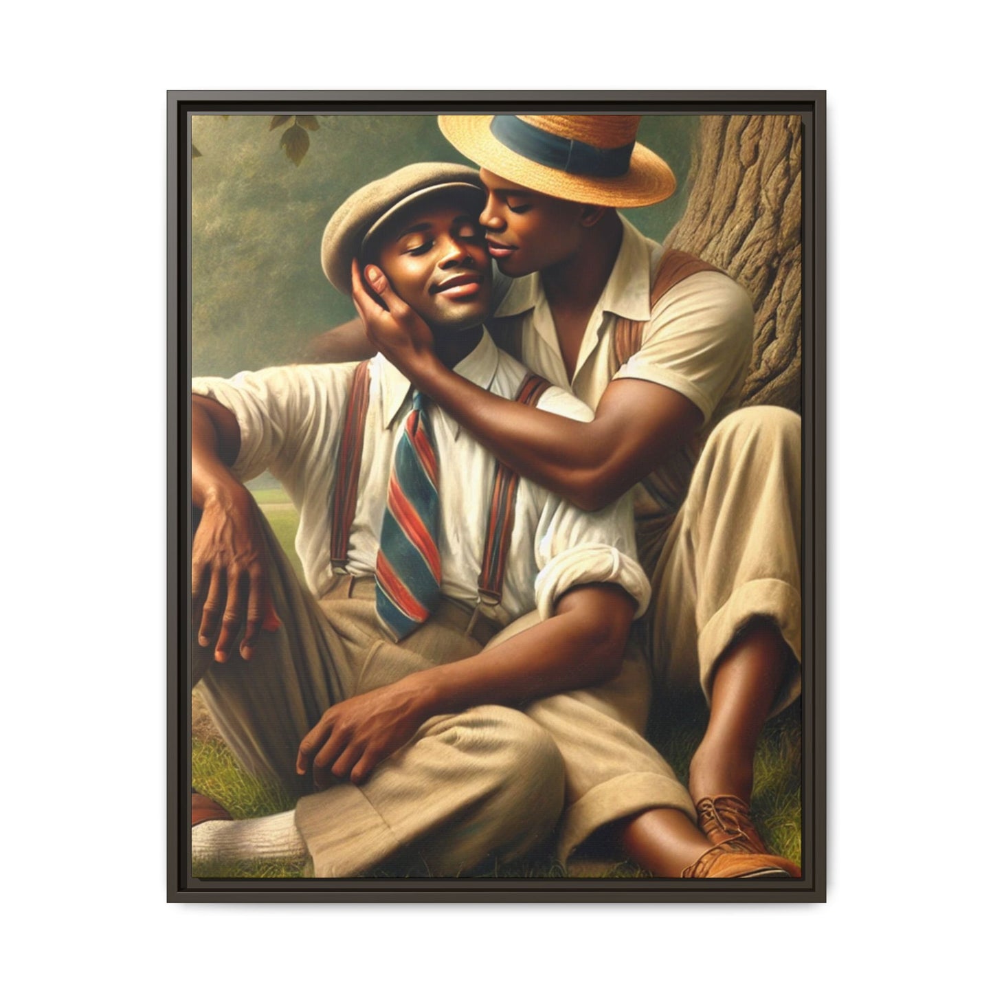 Hyper-realistic artwork of an African-American gay couple in 1930s vintage attire under a leafy tree, celebrating love and resilience.