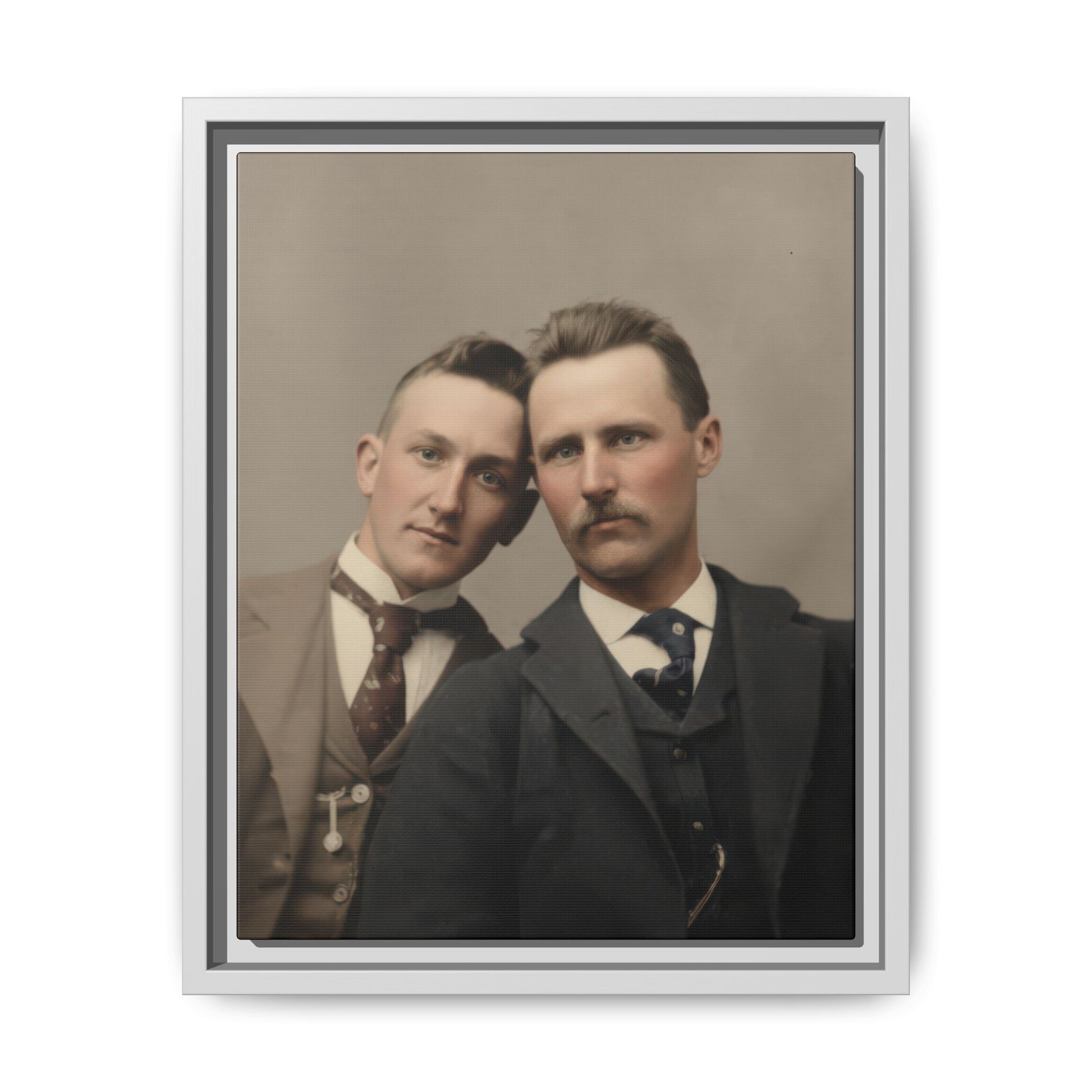 Historical close portrait with tailored jackets, ties, and soft neutral tones