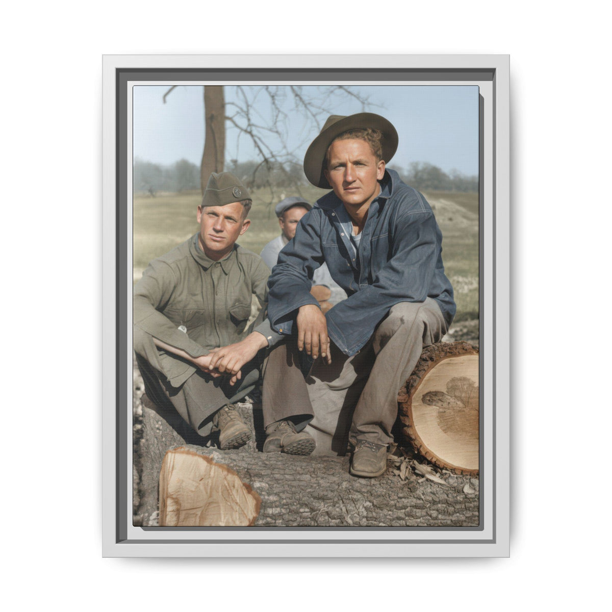 Vertical rural photograph with lace-up footwear, layered clothing, a tree trunk, and open fields, presented as hommes 020 framed matte canvas.