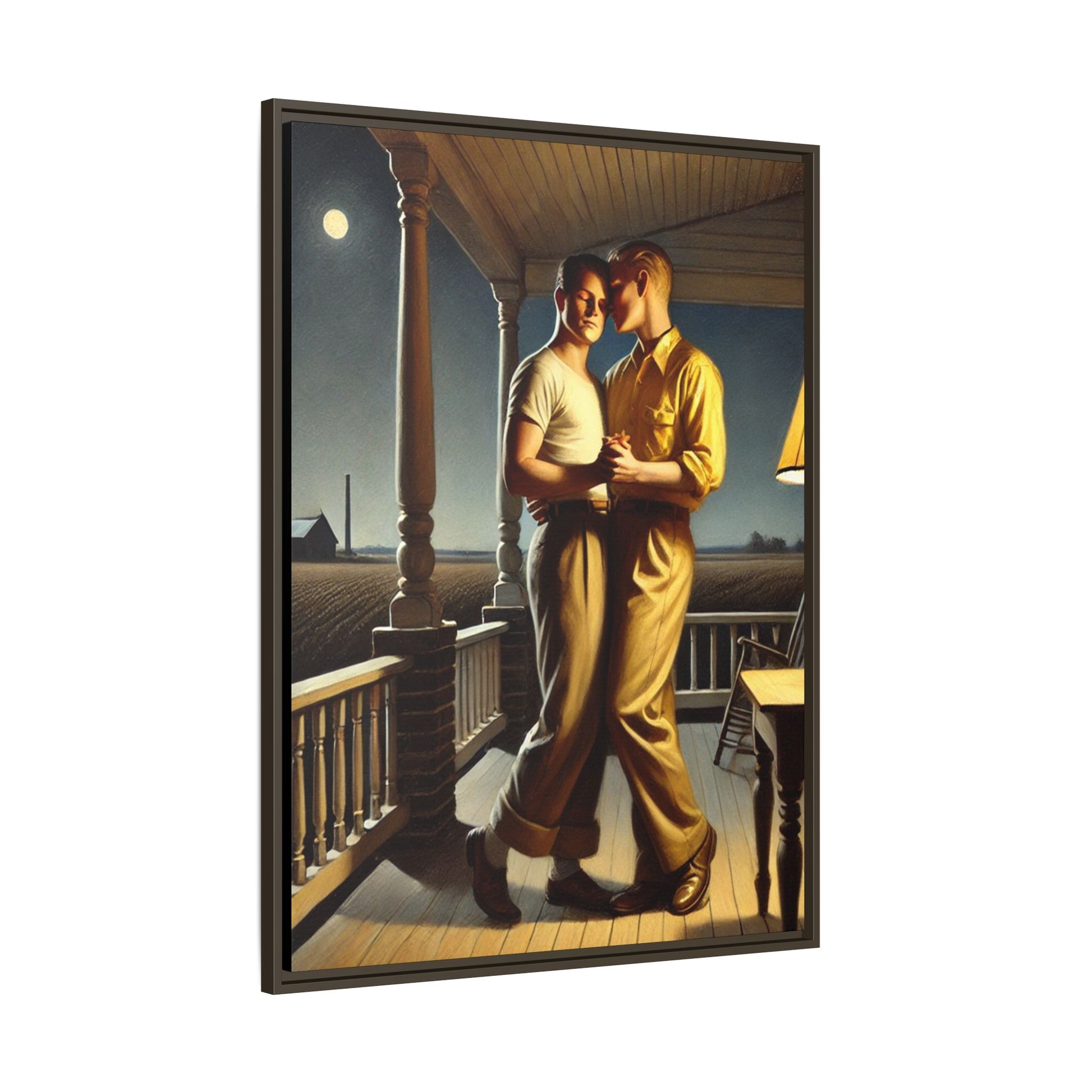 Artwork of a gay couple standing on a farmhouse porch under the moonlight, inspired by Grant Wood’s style.