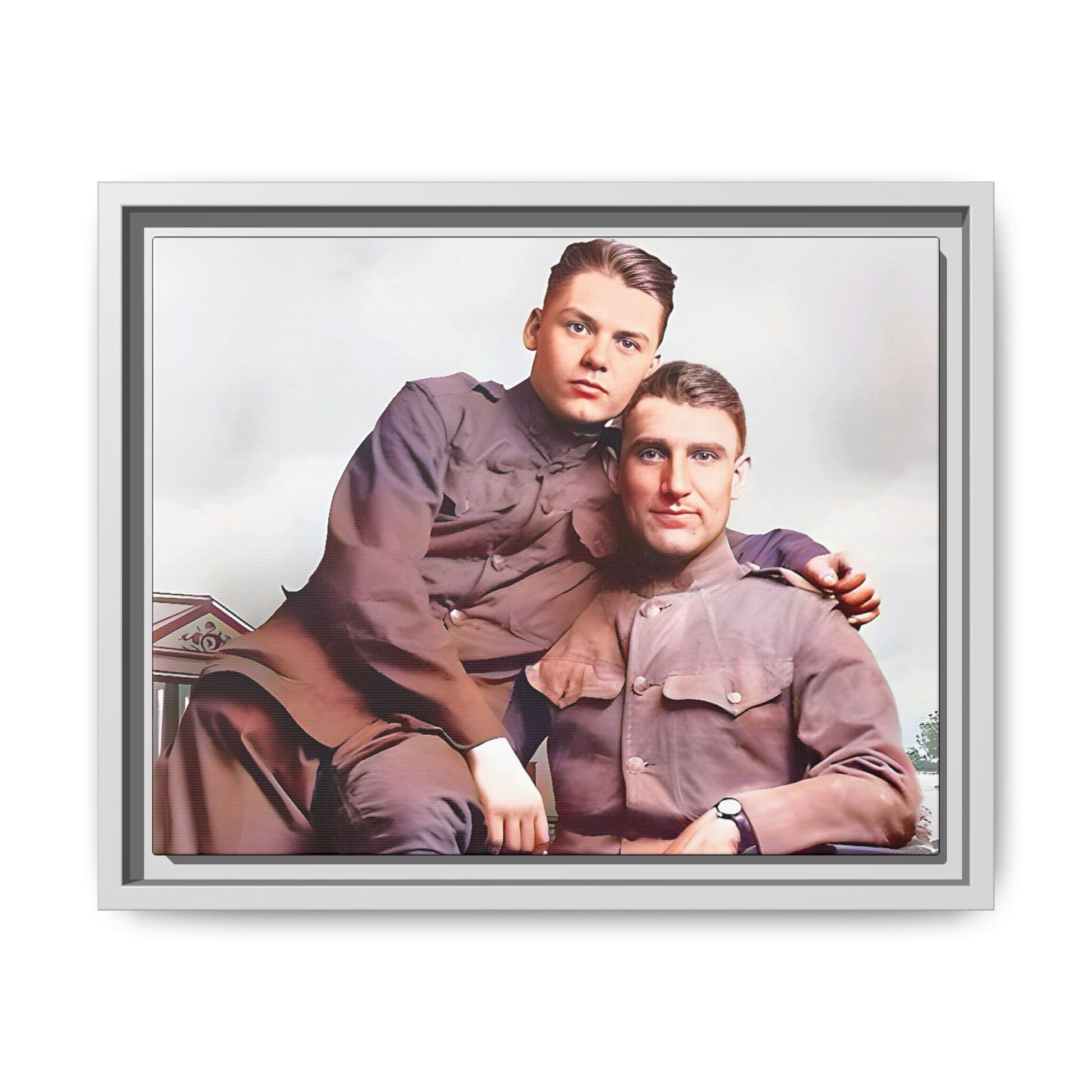 A restored WWII-era portrait of Charlie & Gordon at Debach Airfield, UK. This framed matte canvas captures military camaraderie, resilience, and historical connection, making it a timeless tribute for vintage and aviation collectors. Gay Couple
