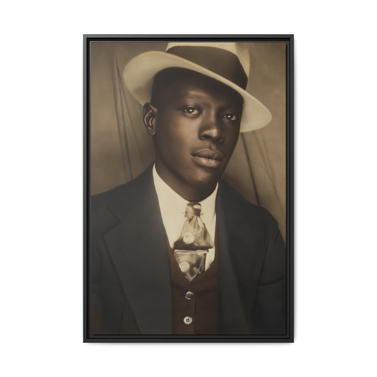 Célibataire 019 portrait featuring a tilted pale fedora, formal clothing, and a curtain background in warm neutral tones.