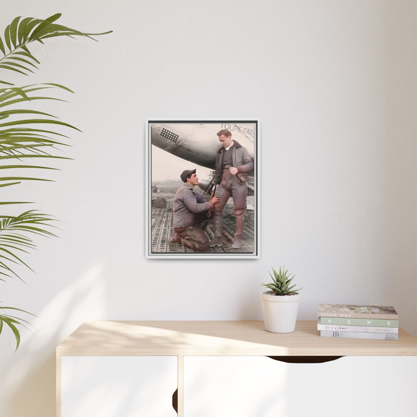 Restored vintage photo of Frank & Albert, a WWII pilot and mechanic on the USS Hornet, framed matte canvas art. US Airforce Gay Couple