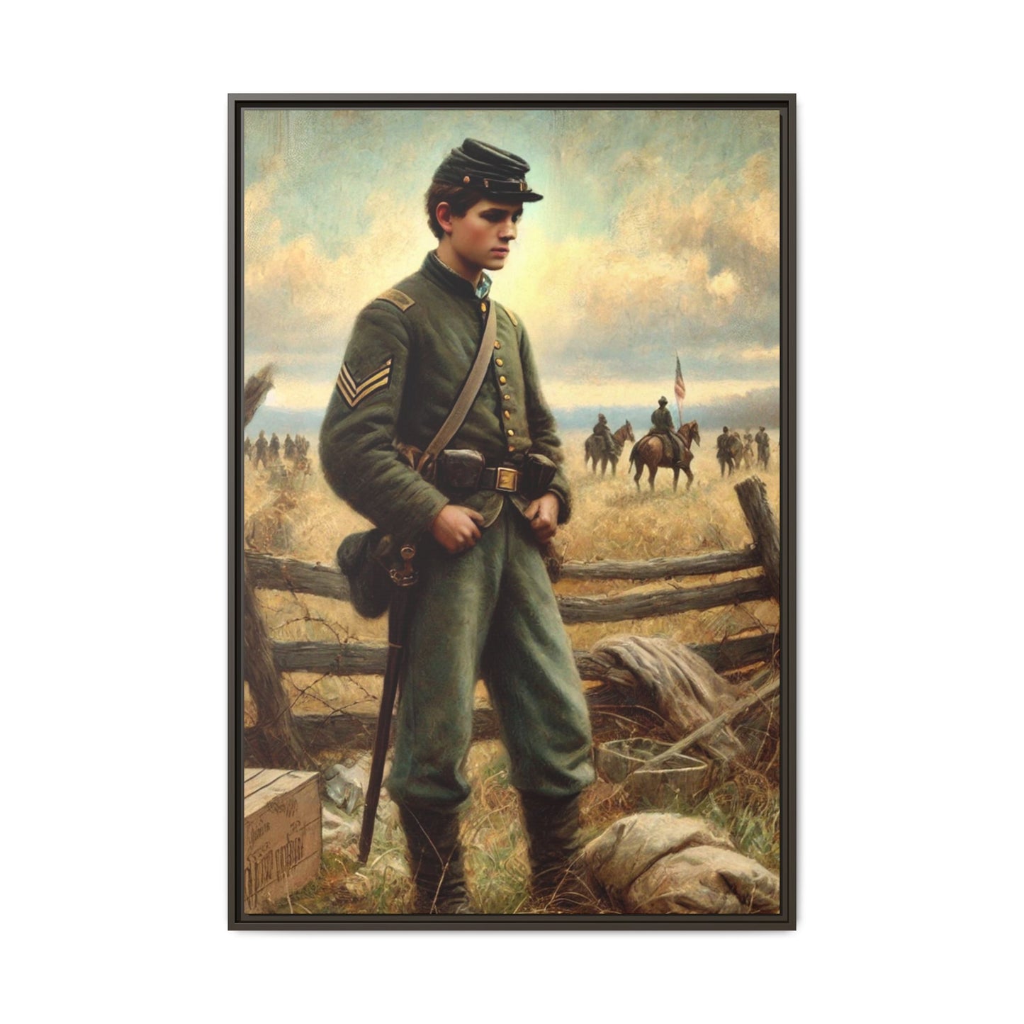 Framed artwork of a young Civil War Union soldier inspired by Walt Whitman’s Drum-Taps poems and Grant Wood's style, depicting battlefield sacrifice, humanity, and historical charm.