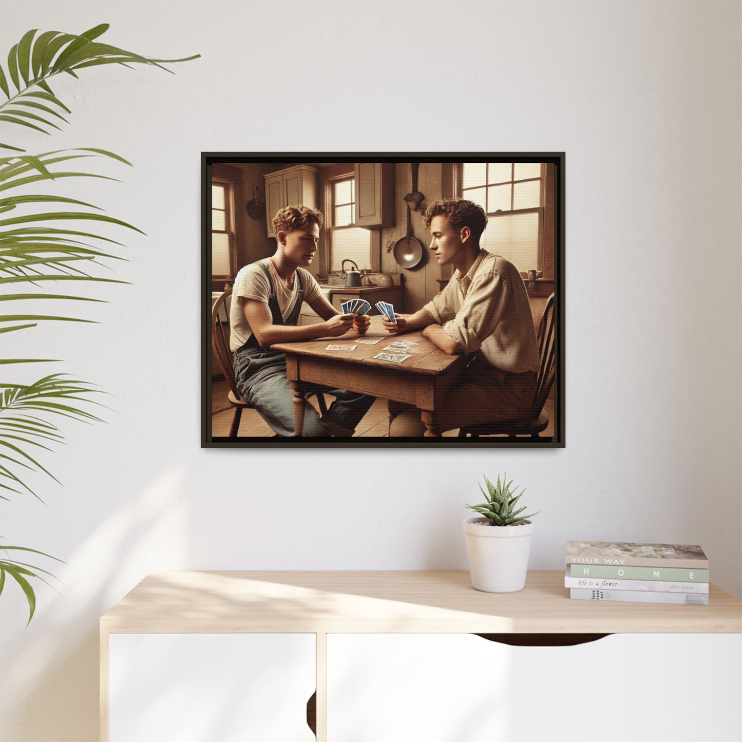 Intimate queer couple in a vintage kitchen, celebrating love and history