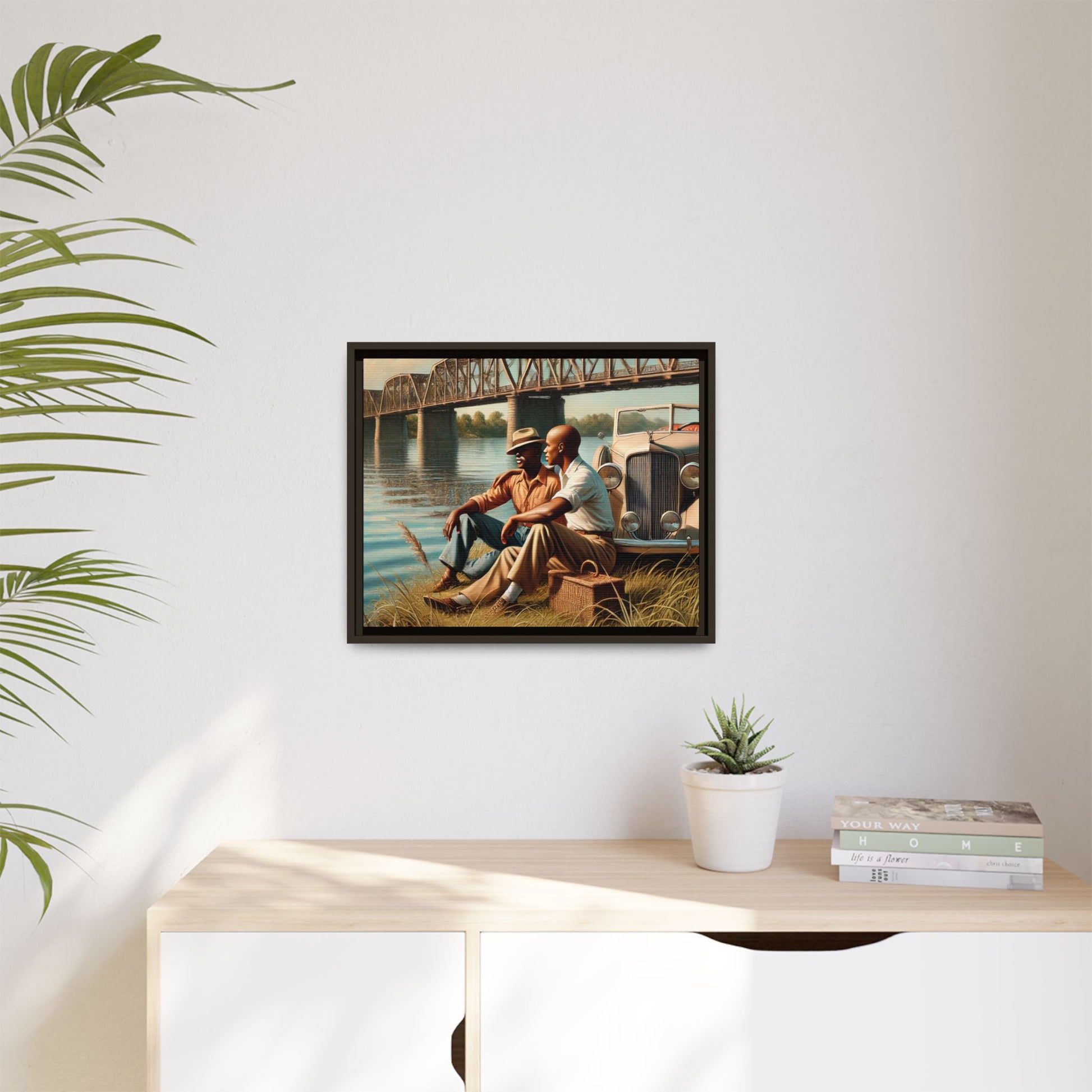 Vintage-style painting of an African-American gay couple in the 1930s by the Mississippi River with a Packard car, celebrating love and resilience.