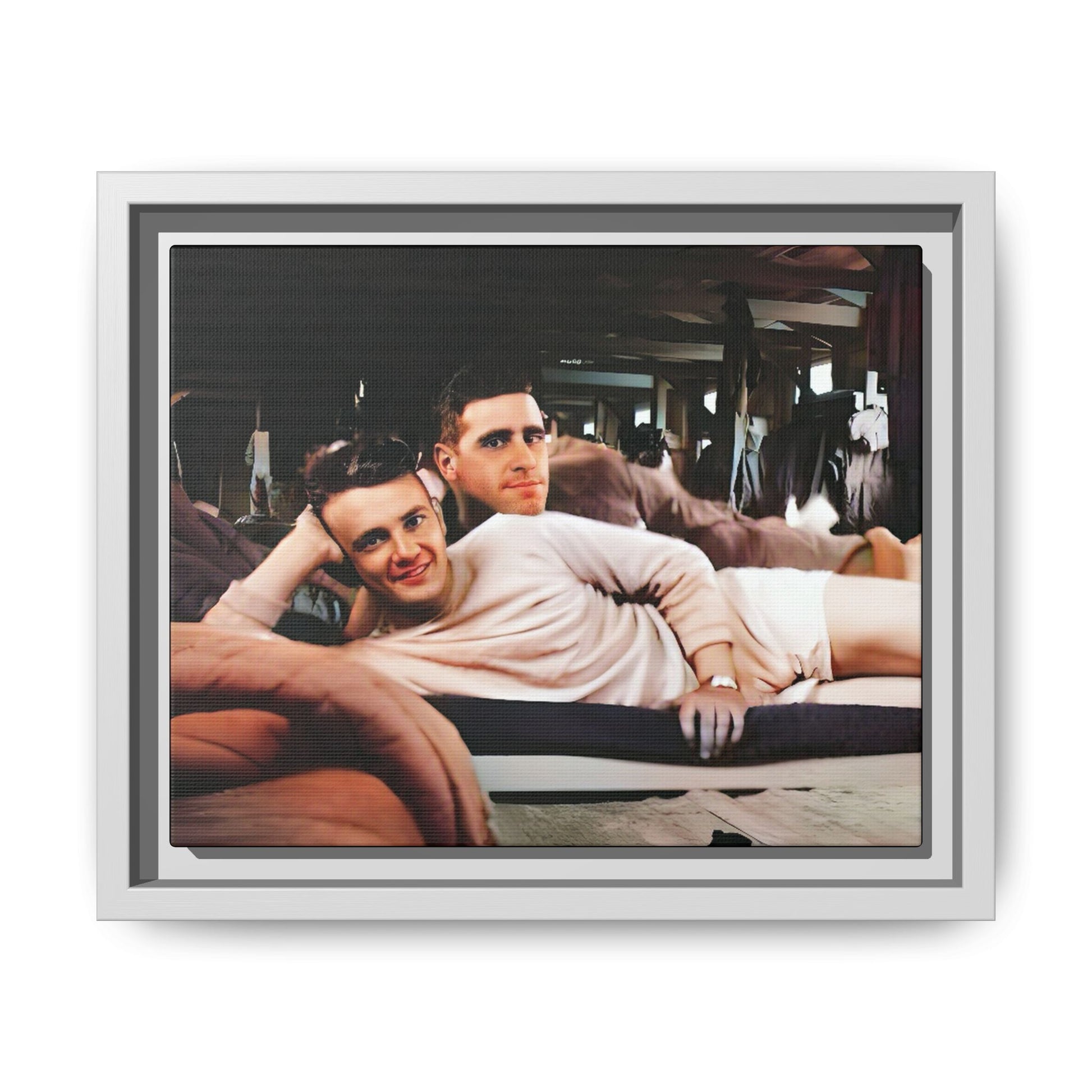 Restored 1940s photo of Jules & Seymour, a gay couple lounging together at Camp Campbell KY, framed matte canvas art.