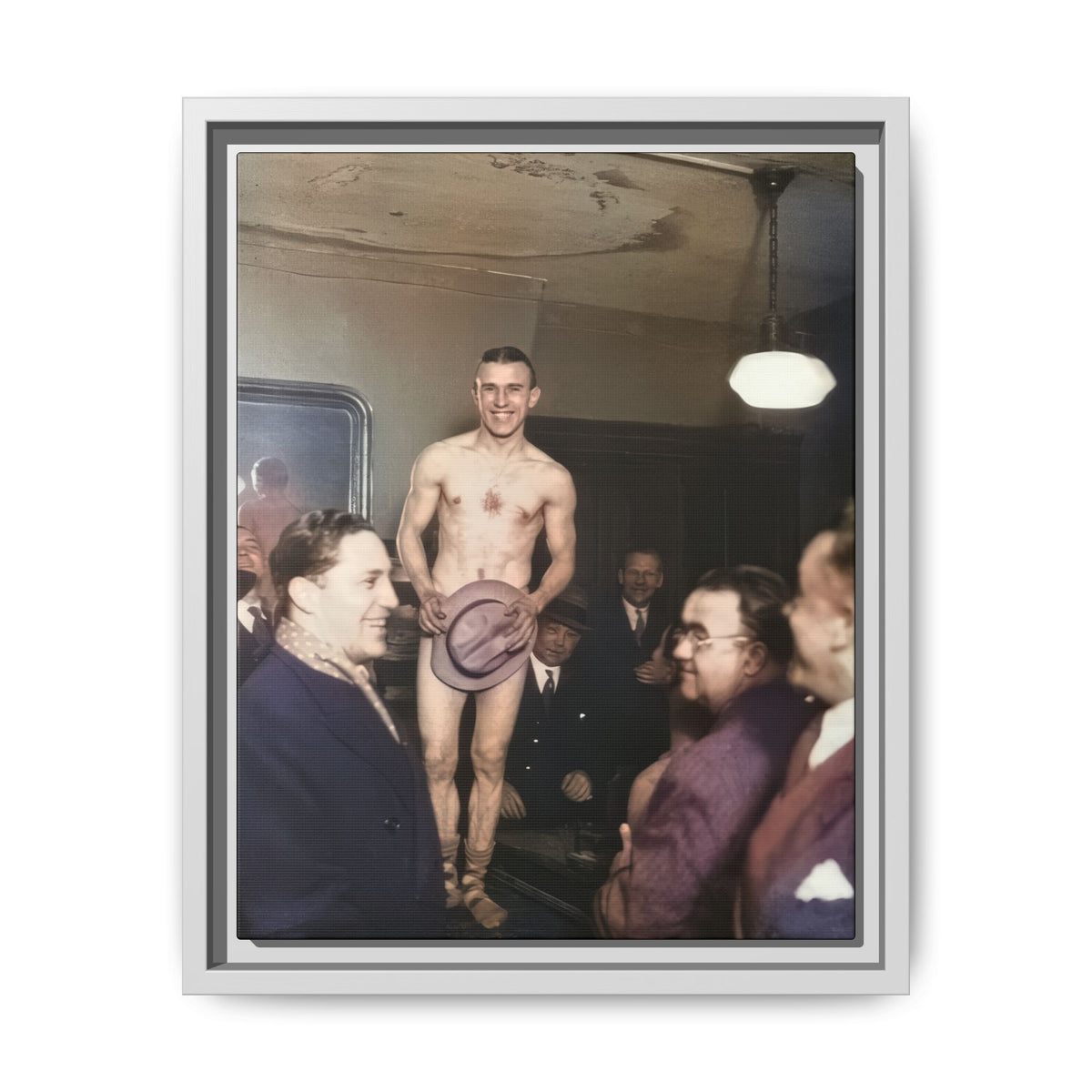 Vertical historical entertainment scene with a hat-covered male figure, dark wall paneling, and men gathered in the foreground.