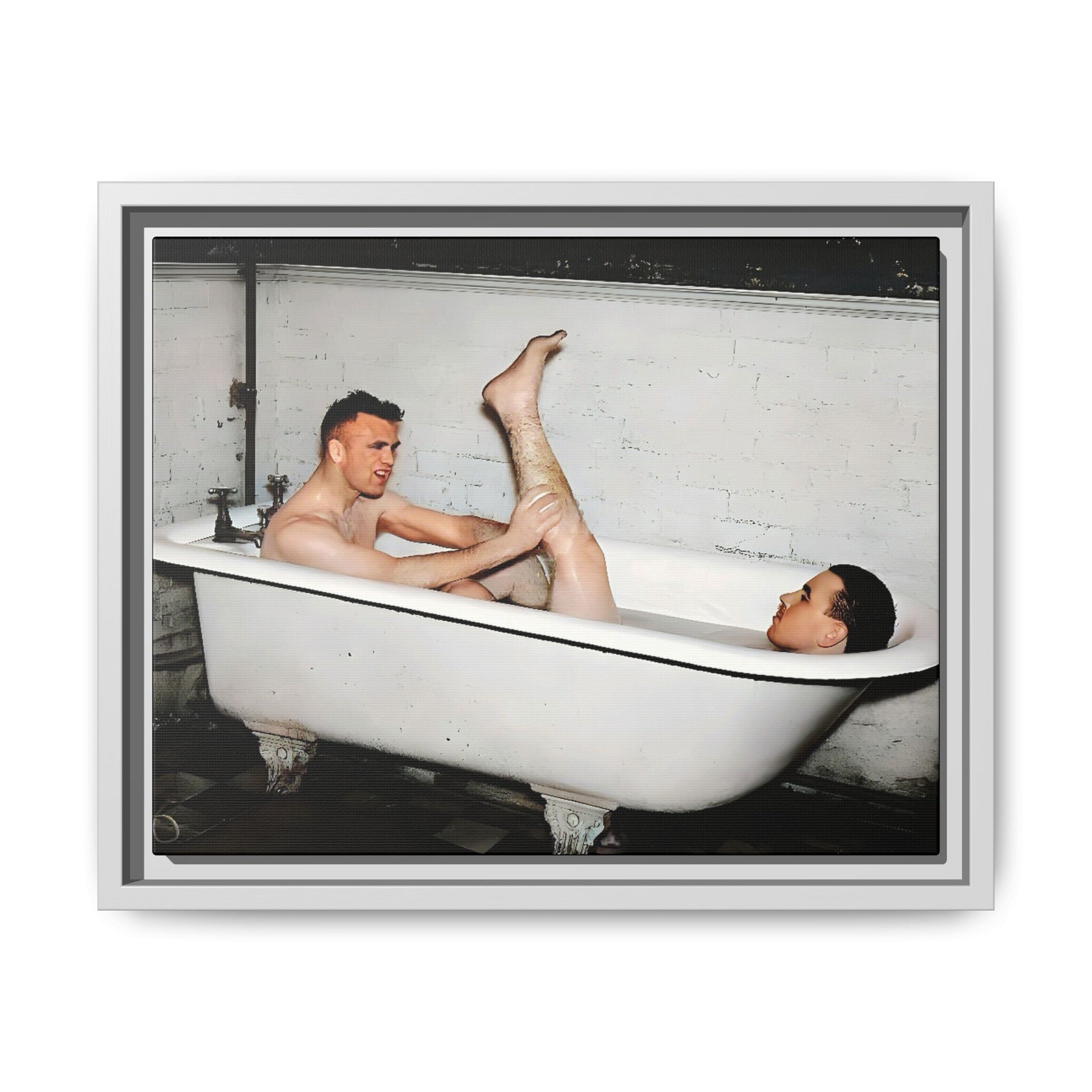 Restored vintage photo of Leon & Michael, a playful gay couple in a clawfoot bathtub, early 20th century, framed canvas.