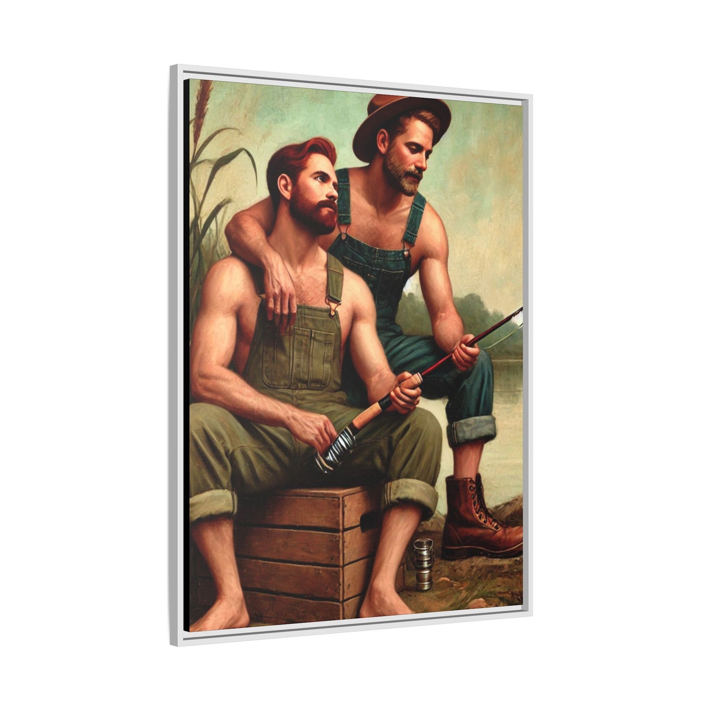 Vintage-style artwork of a gay couple fishing by a tranquil lake in the 1930s, celebrating love and nature.