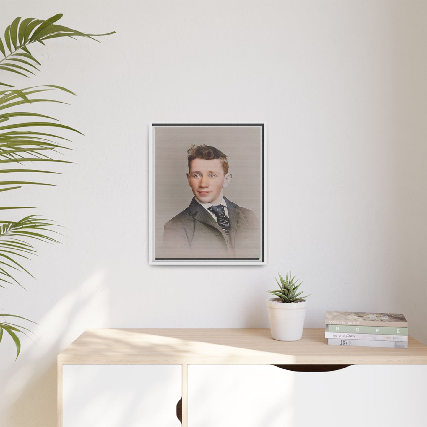 Restored vintage portrait of Leo from early 1900s Milwaukee, Wisconsin, featuring refined elegance and a patterned cravat. Framed matte canvas print celebrating timeless style and individuality.