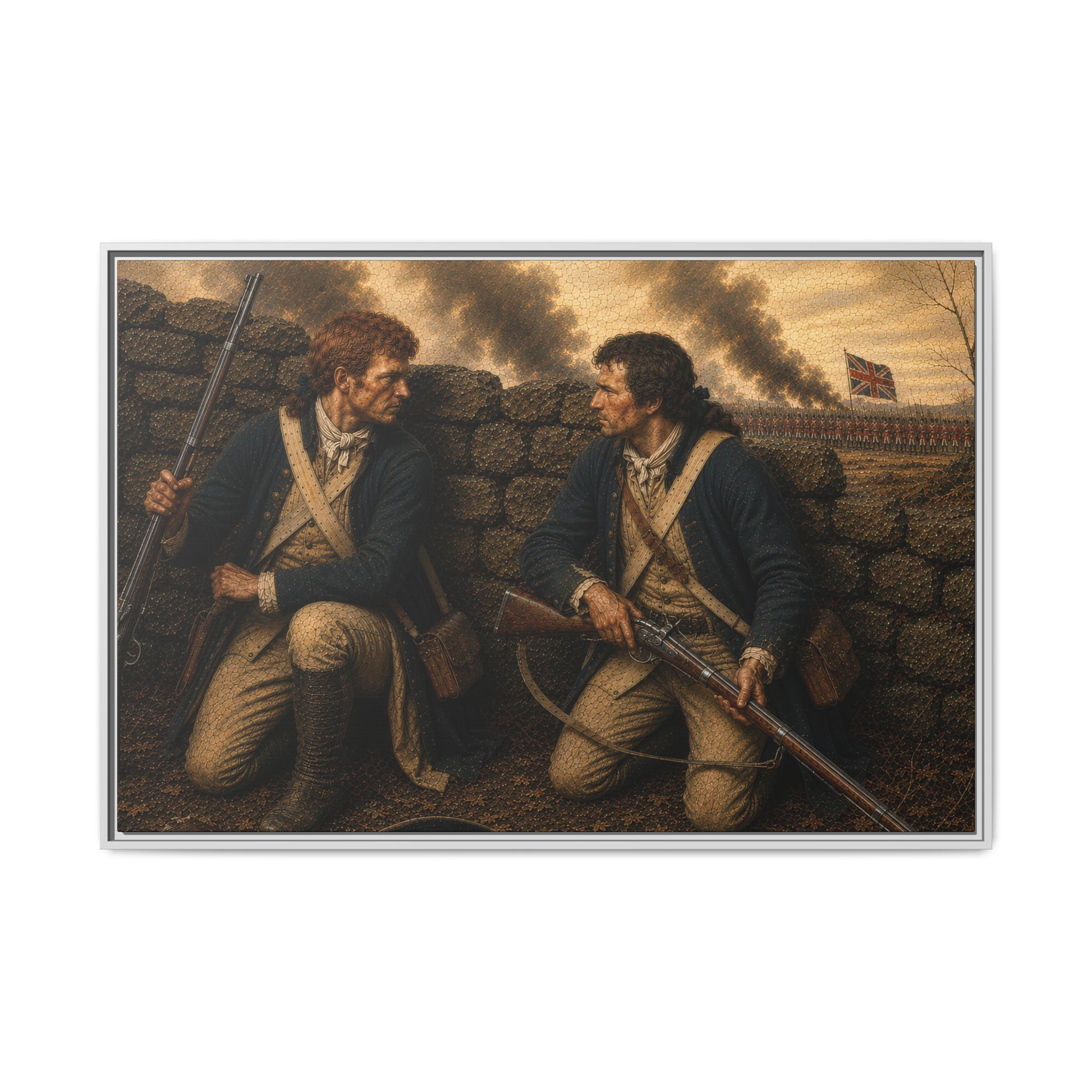Historical military artwork featuring Continental Army infantrymen observing battlefield movements near a stone wall.