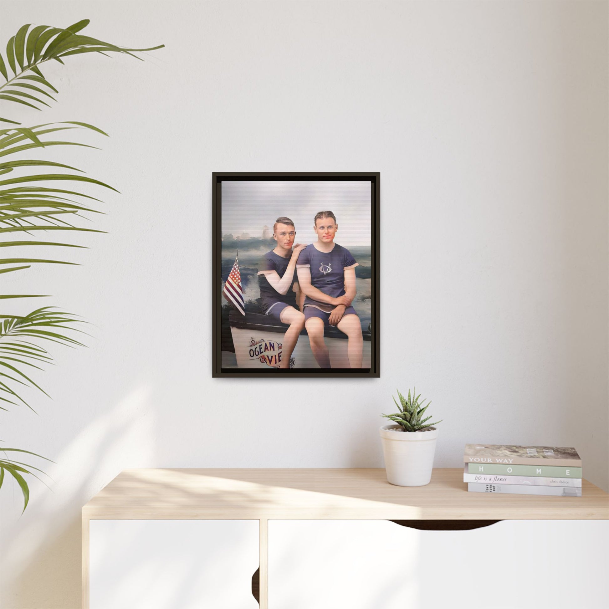 Restored vintage 1920s photo of Lee & Gerald, a gay couple in nautical swimwear by the ocean in Jacksonville FL, framed canvas art.