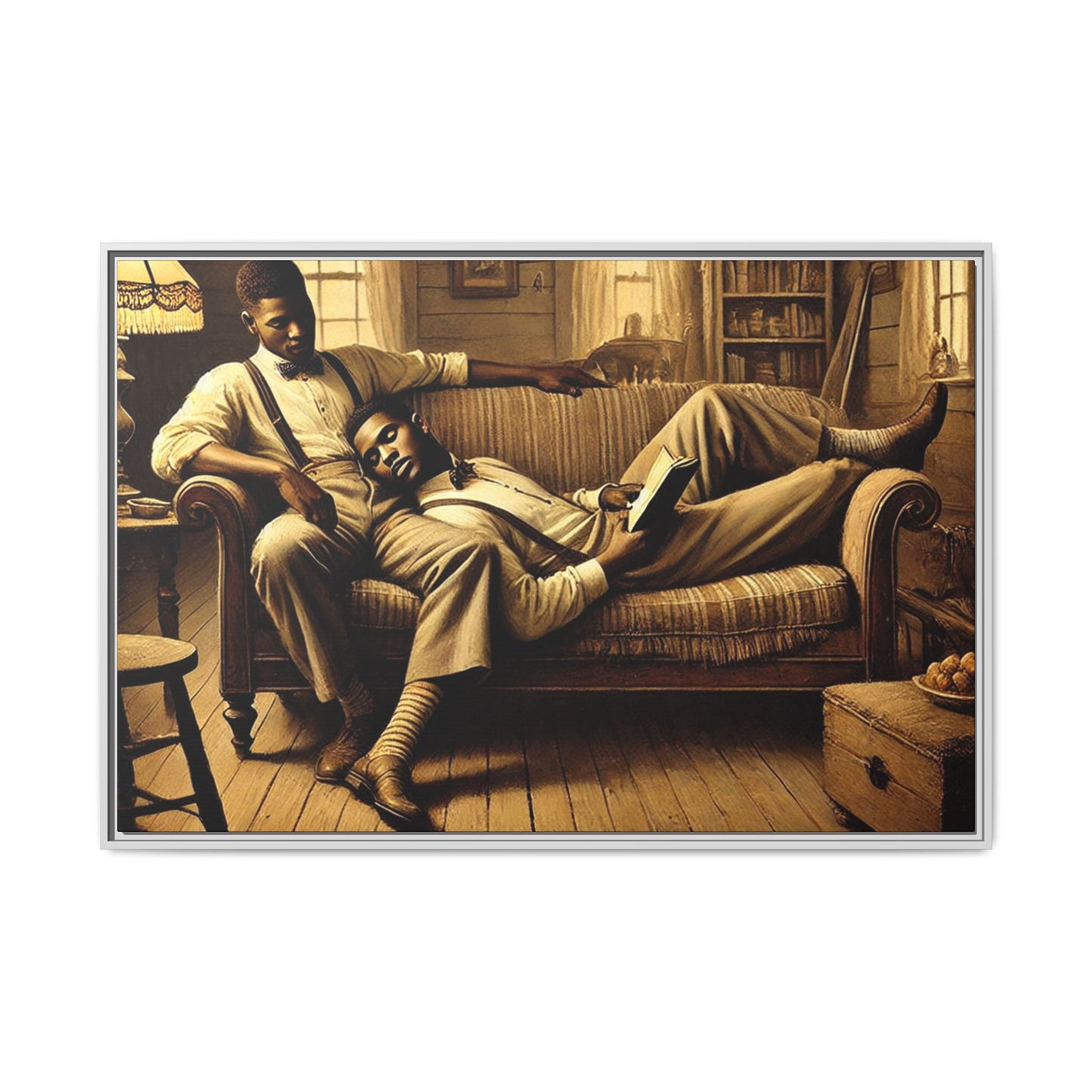 Framed artwork of an African-American gay couple sharing an intimate moment on a rustic sofa, inspired by Grant Wood’s style