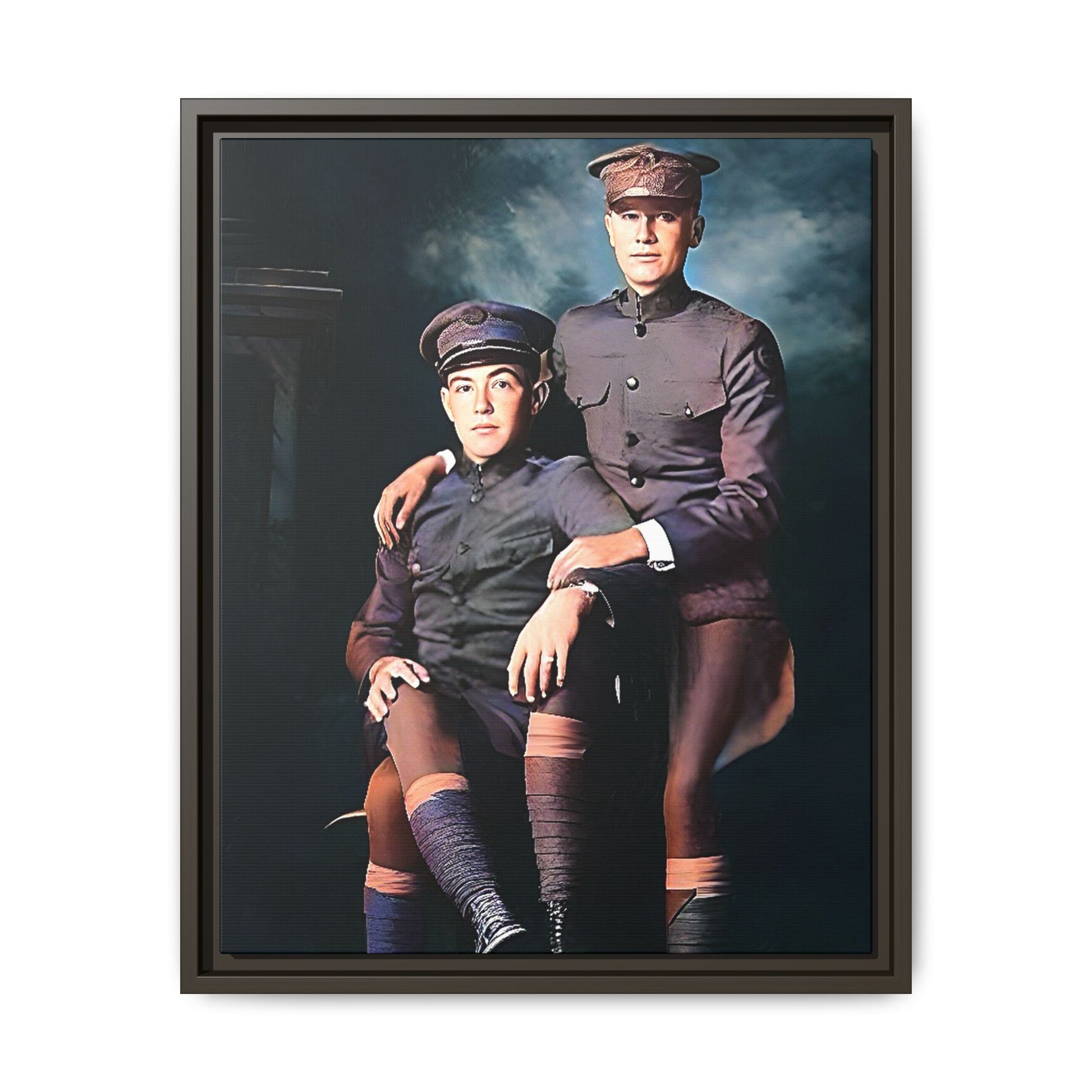 Restored WWI-era photo of Frederick & Hugh, gay soldiers seated together in Providence, Rhode Island, framed canvas art.