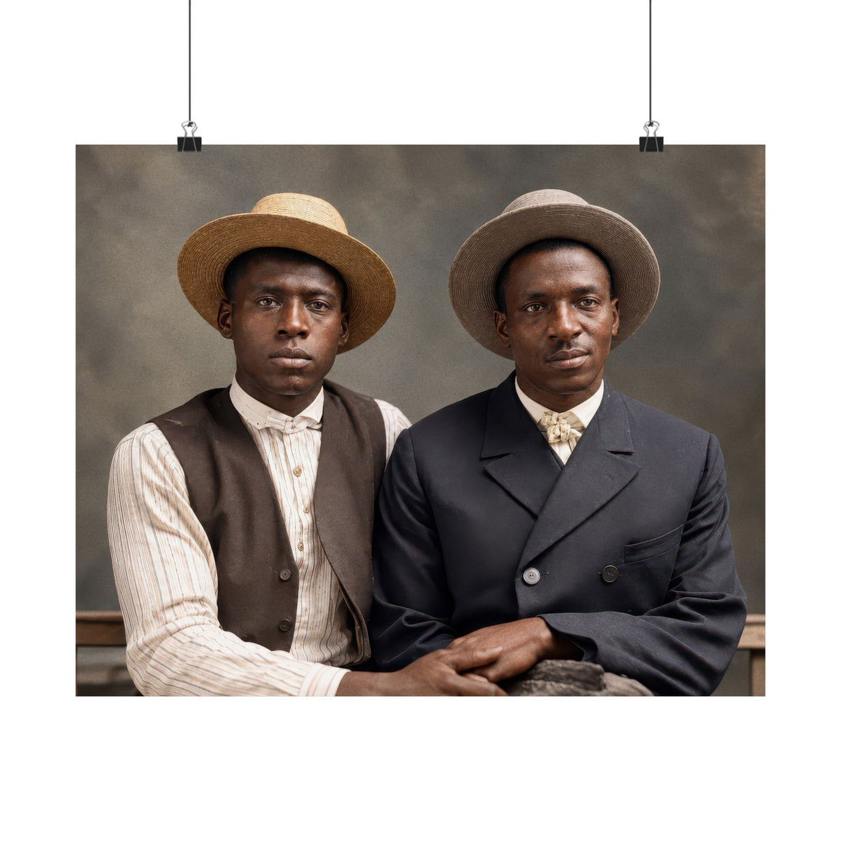 Two Black men wearing broad-brimmed straw hats sit closely together in a studio portrait, dressed in a waistcoat and dark jacket.
