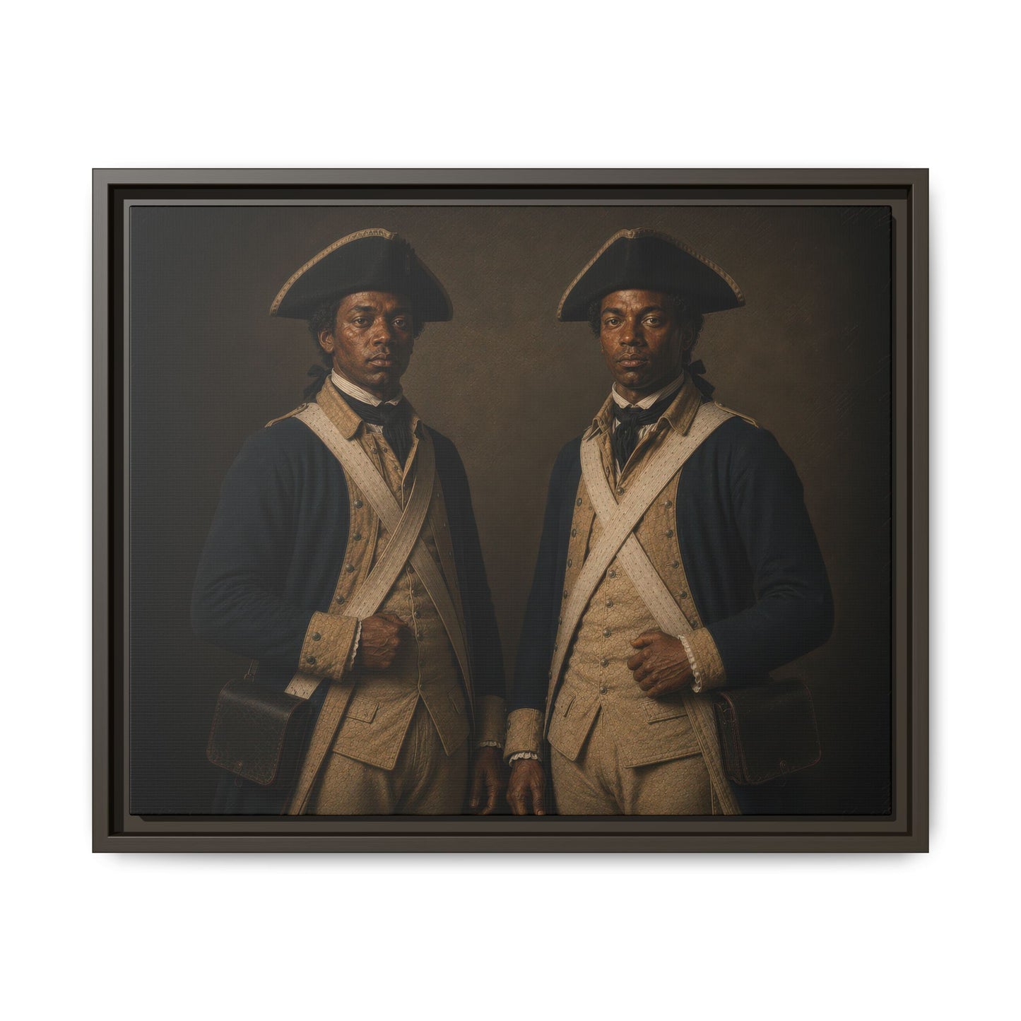 Museum-inspired portrait of two documented Black Continental Army enlisted soldiers wearing late Revolutionary War uniforms.