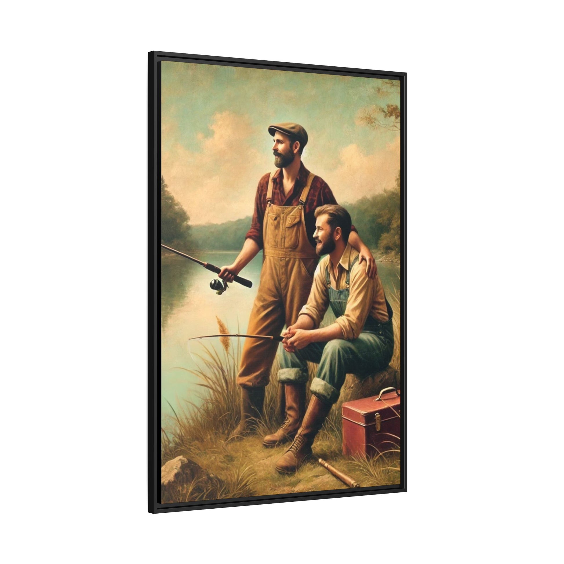 Vintage-style artwork of a gay couple fishing at a serene lakeside in the 1930s, celebrating love and rural life