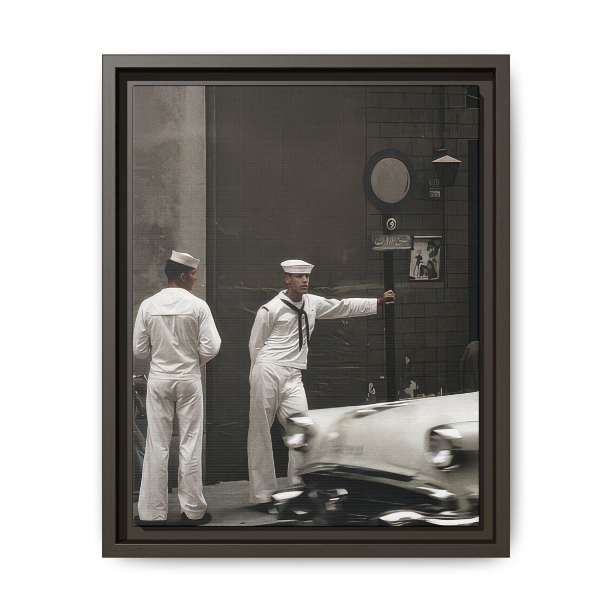 Framed vintage naval photography wall art featuring two sailors beside an urban storefront, Walt & Pete Paire 151.