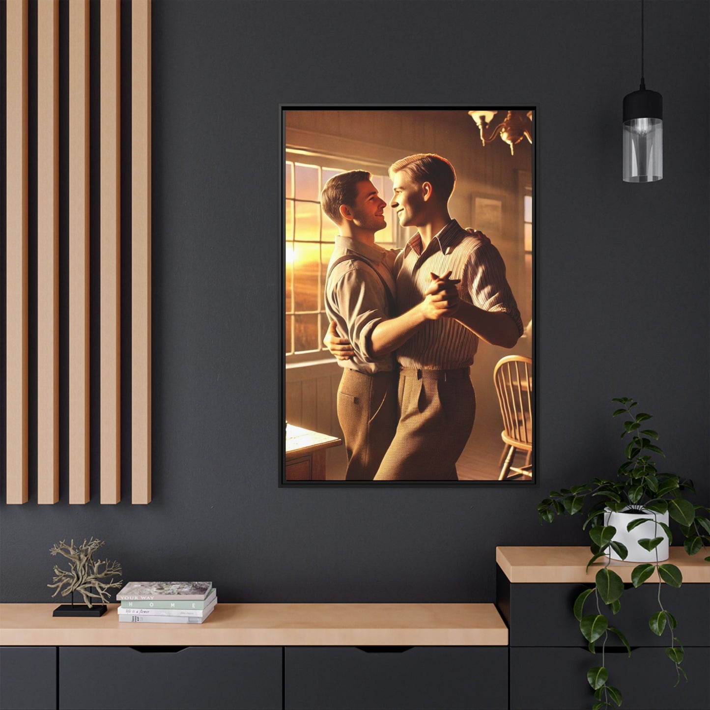 Art of a gay couple dancing in a sunlit dining room, inspired by Grant Wood’s Americana style and celebrating love.