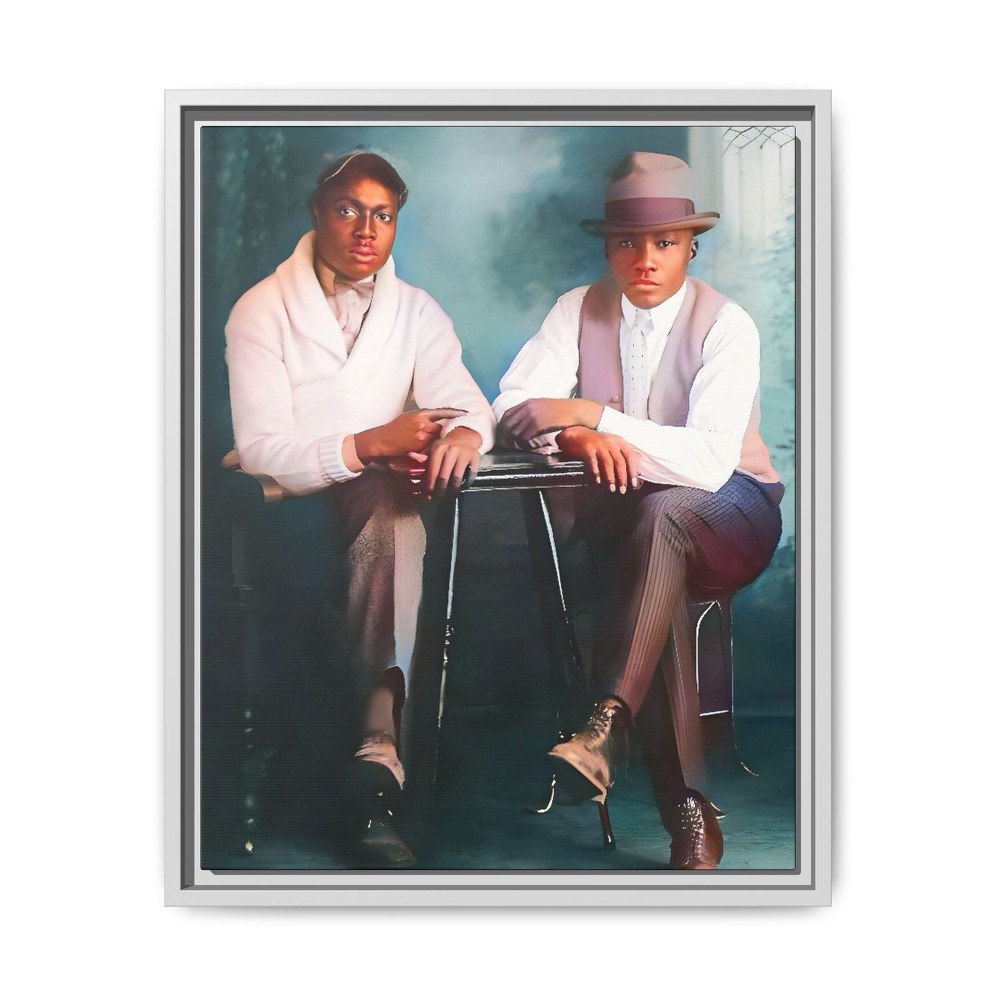 Restored vintage 1930s photo of Denzel & Jacob, African-American couple seated at a café in Little Rock AR, framed canvas art.