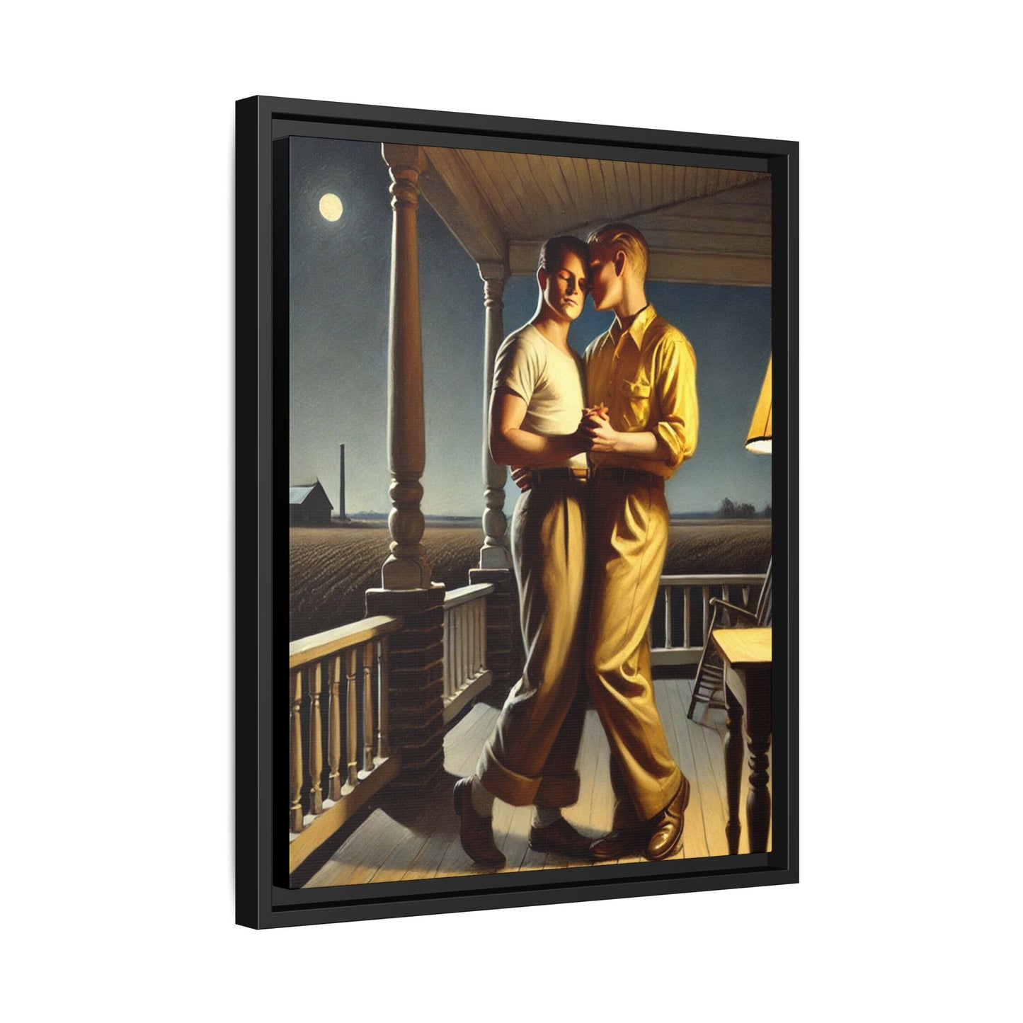 Artwork of a gay couple standing on a farmhouse porch under the moonlight, inspired by Grant Wood’s style.