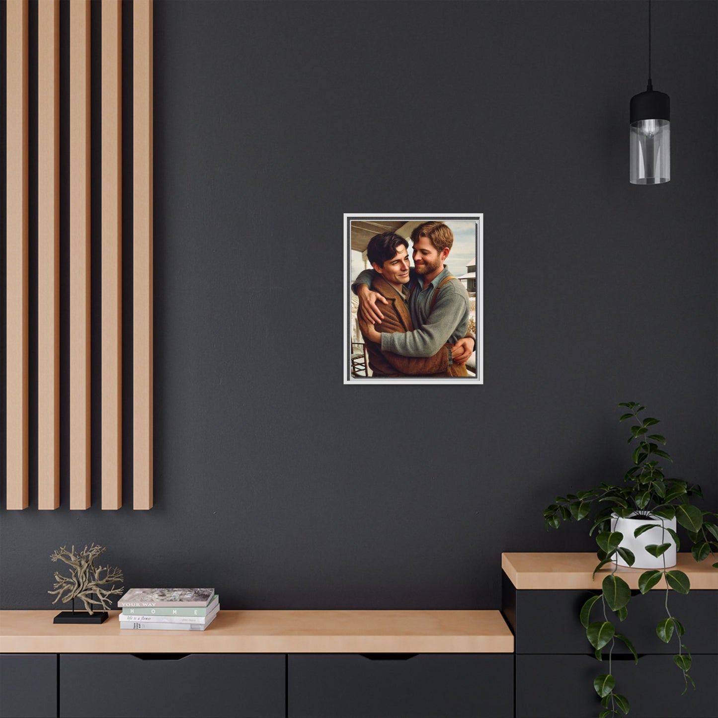 Artwork of a tender moment between two men embracing on a rustic farm porch in 1930s-style clothing. Set against a snowy, vintage rural backdrop, this image captures LGBTQ+ love and connection with a nostalgic Americana feel