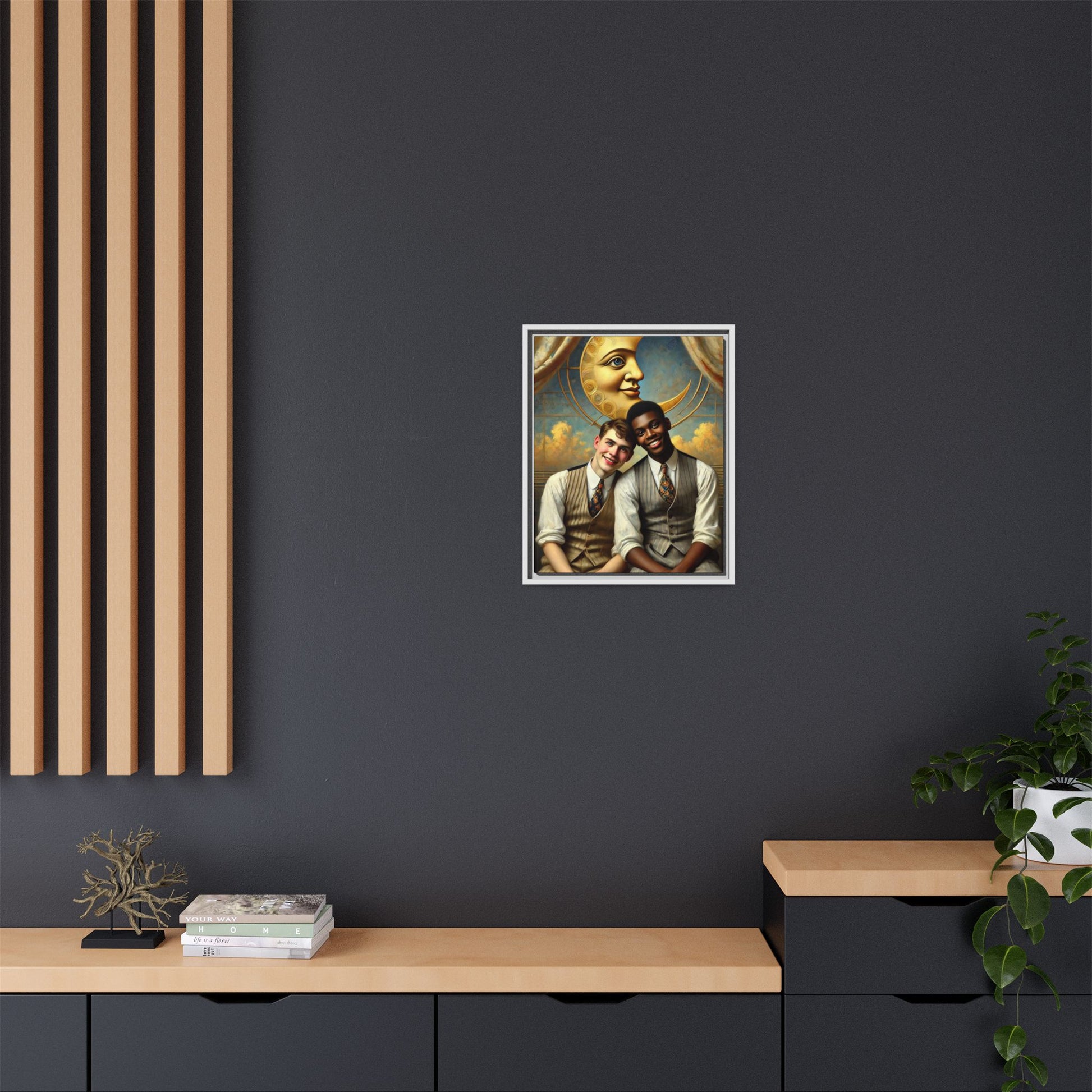 A vintage-style artwork showing a young interracial gay couple in 1920s attire sitting beneath a golden crescent moon with a serene expression. Their joyful closeness reclaims erased queer history and reflects the beauty of interracial love through a lens of tenderness and celebration.