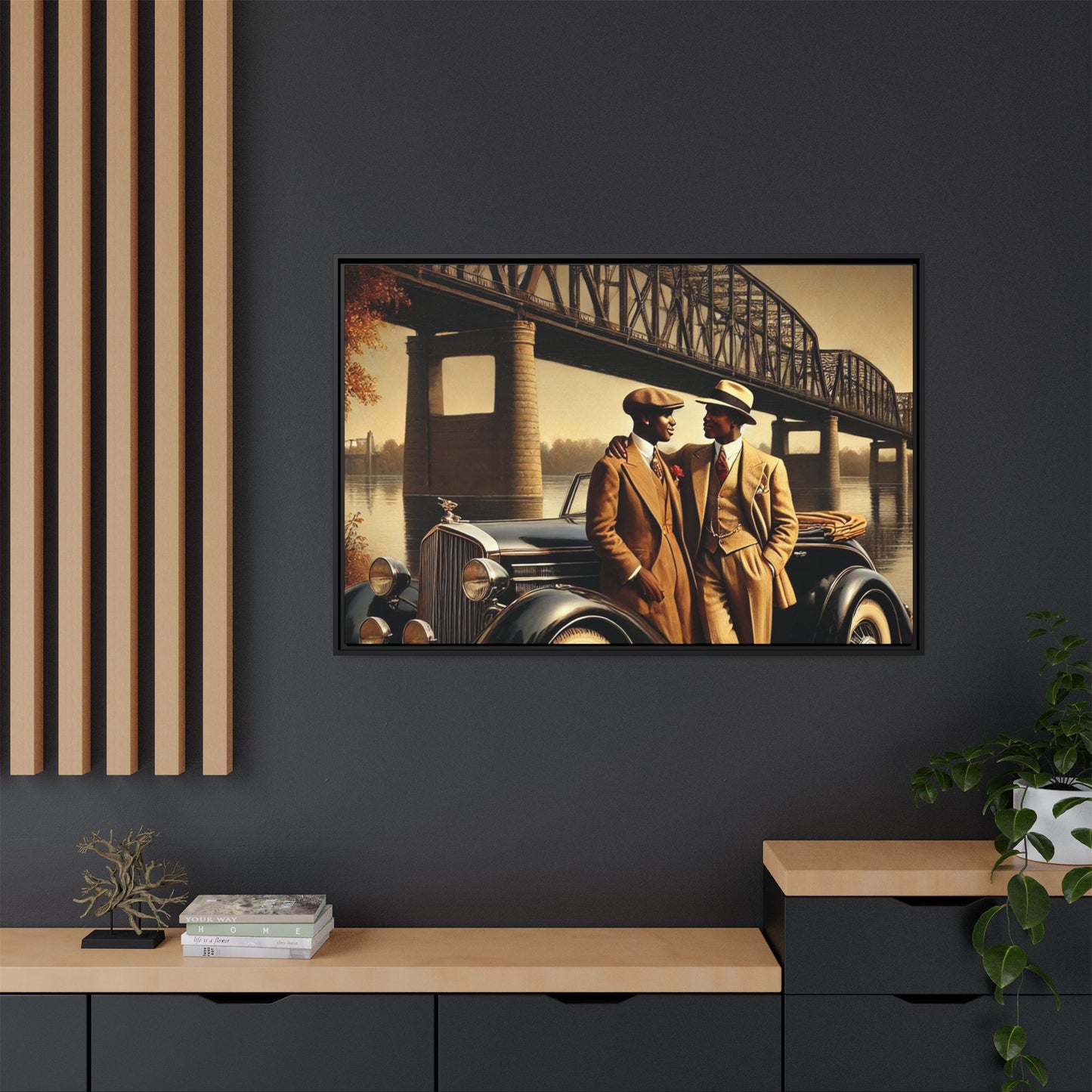 Vintage-style artwork of an African-American gay couple in the 1930s with a Packard car by the Mississippi River, celebrating love and inclusivity.