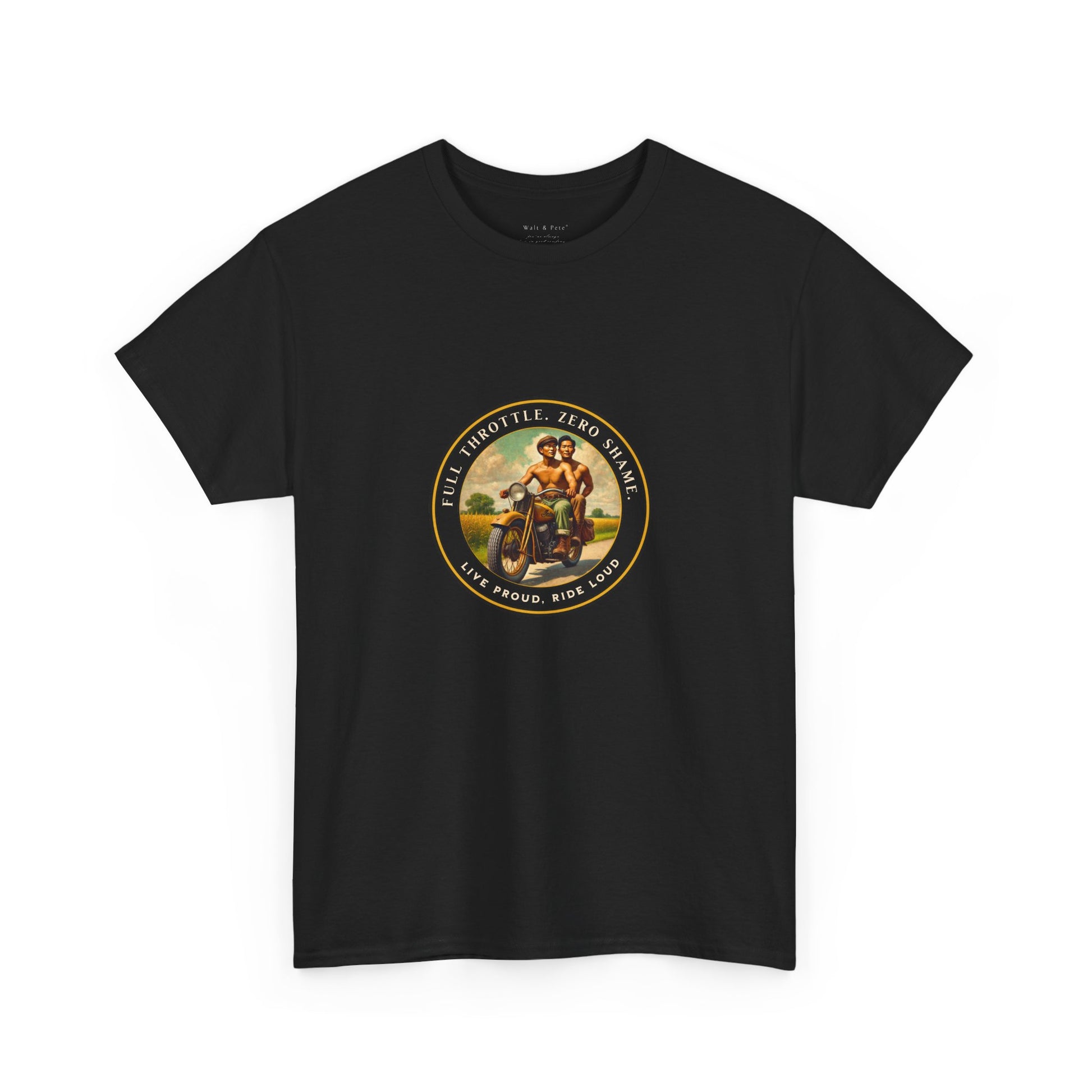  Vintage-inspired LGBTQ+ pride t-shirt featuring a 1930s-style image of two shirtless Asian men riding a motorcycle. With affirmations like “Full Throttle. Zero Shame” and “Live Proud. Ride Loud,” this tee honors queer freedom, Asian pride, and bold love.