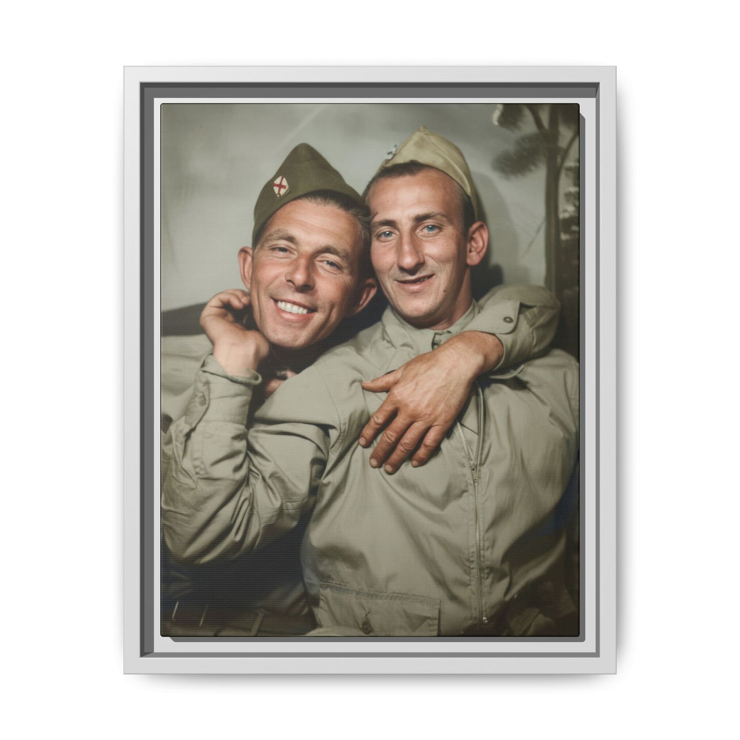 Historic military portrait featuring two men in caps with arm draped across shoulder