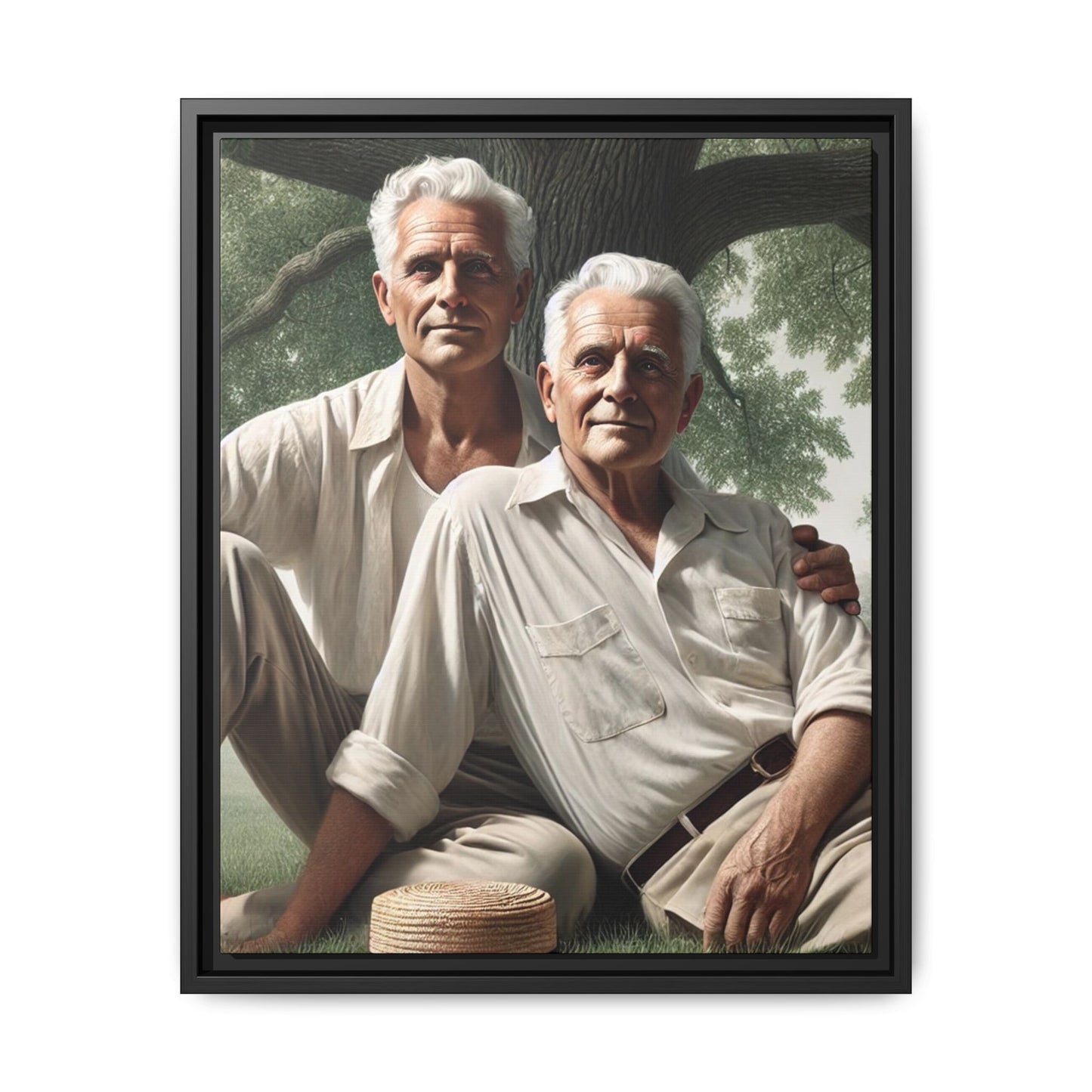 Hyper-realistic painting of an elderly gay couple in 1930s vintage attire under a leafy tree, celebrating love and resilience.