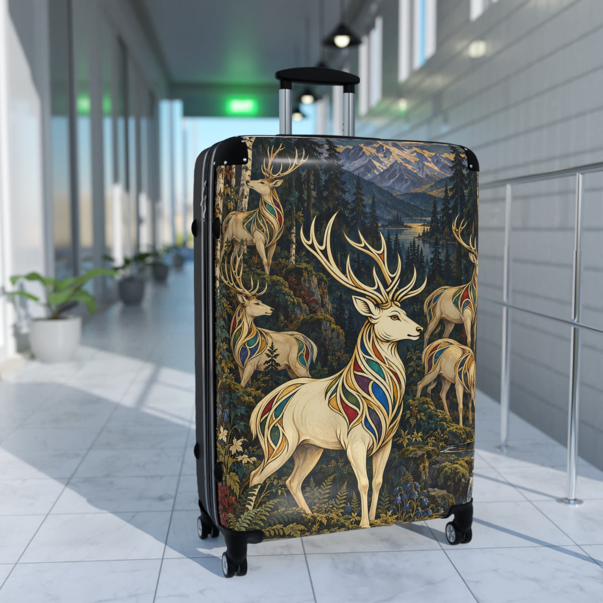 Deer Forest Carry-On Suitcase – Stained Glass Stag Travel Luggage