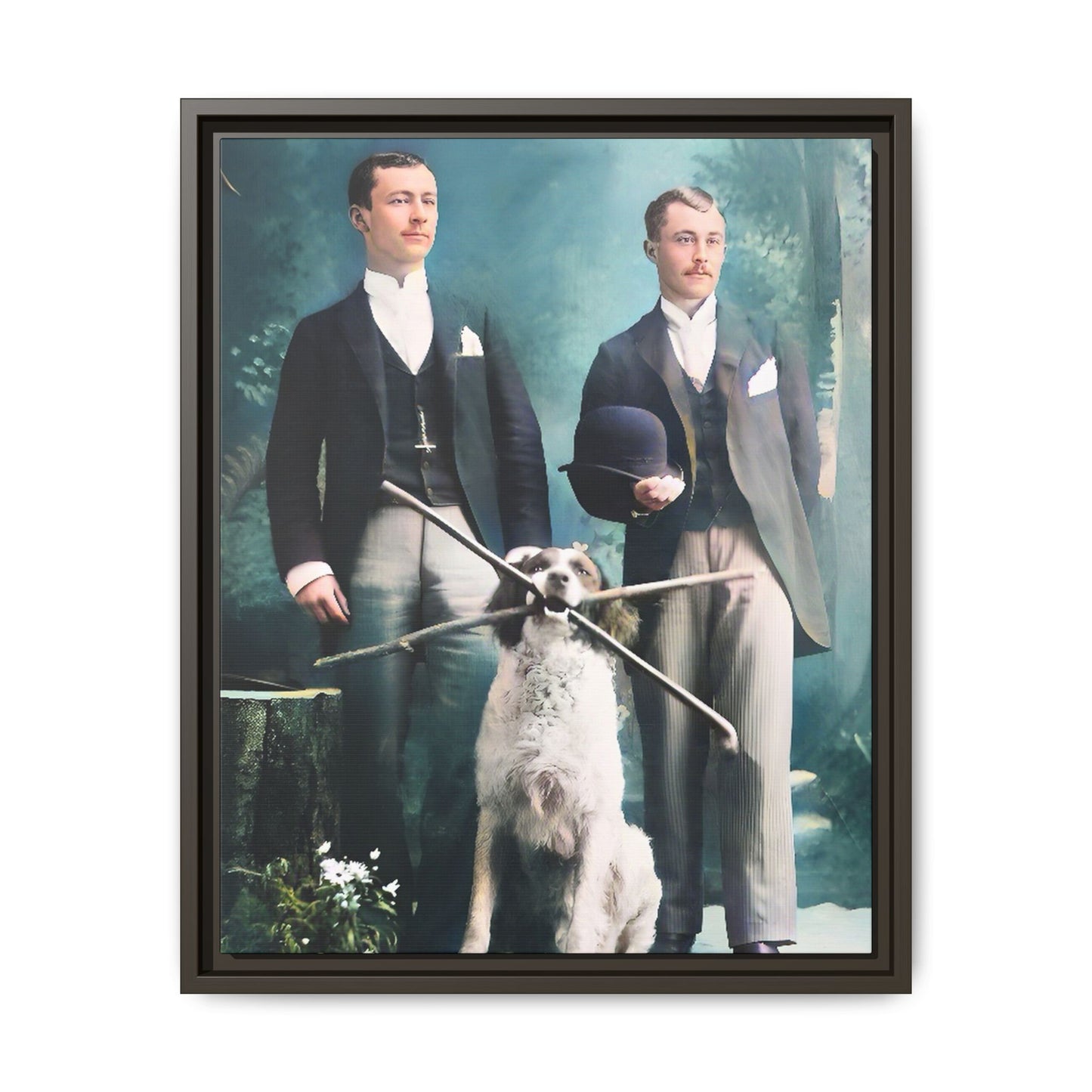 Restored vintage photograph of Patrick and Everett, an Edwardian gay couple with their loyal dog, taken in early 1900s Frankfort, Kentucky. Framed matte canvas print celebrating LGBTQ+ history, love, and companionship.