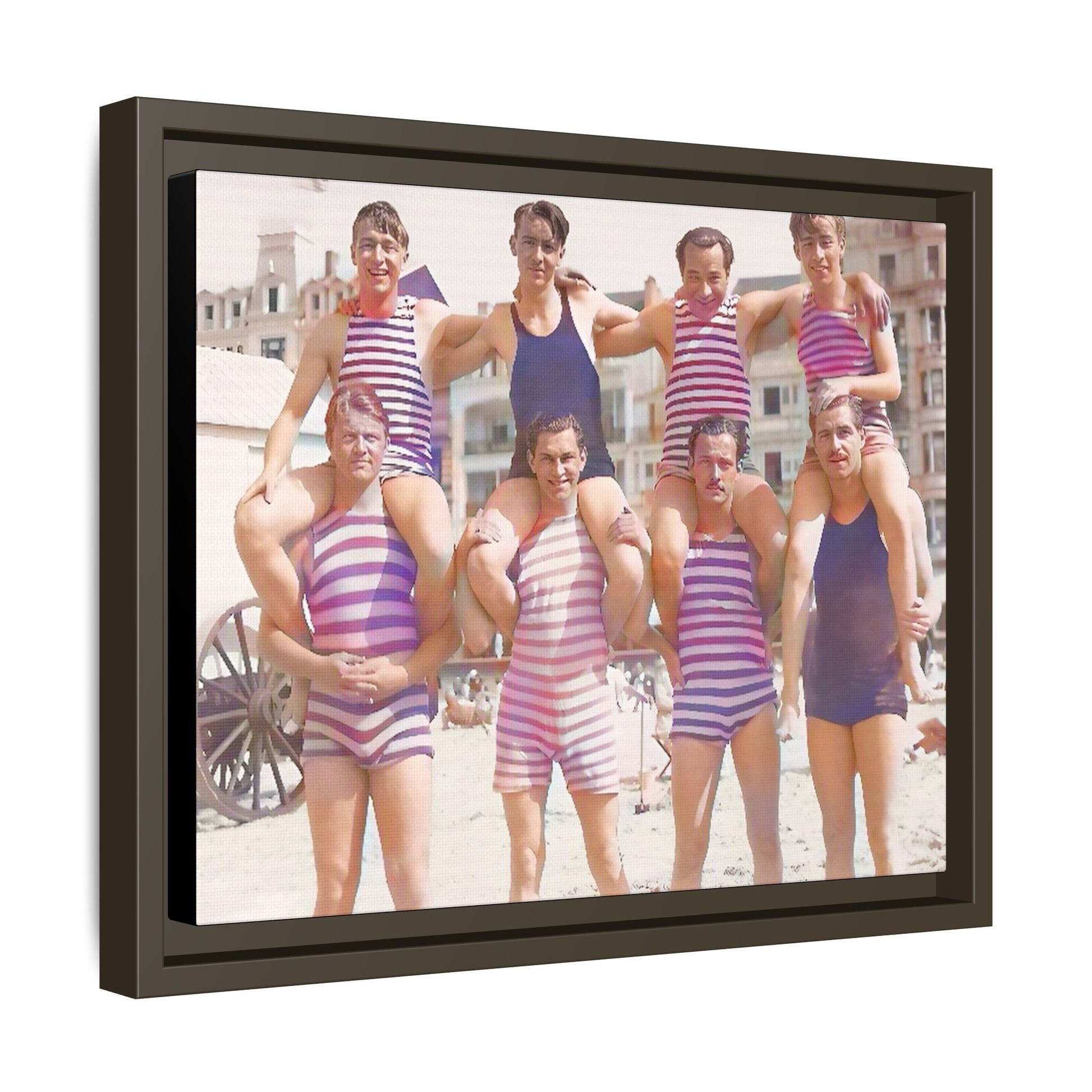 Restored vintage photo of a Bachelor Party in Corpus Christi TX, featuring men in striped swimwear forming human towers, framed canvas art.