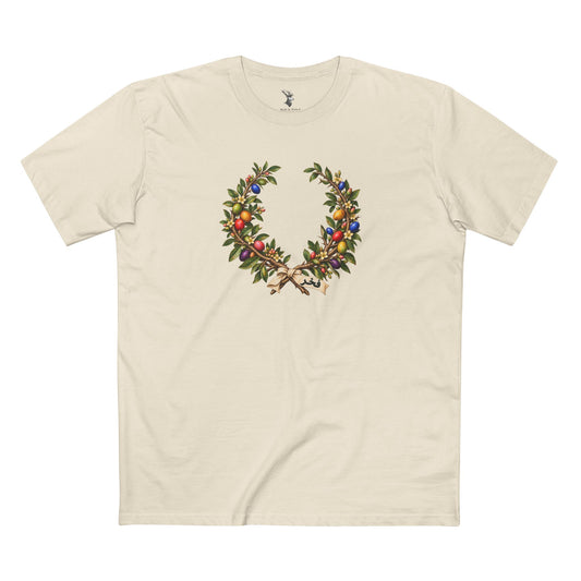 Moroccan argan laurel wreath with fruit, flowers and pink, red, orange, gold, green, blue and violet Pride accents above the Arabic word فخر.