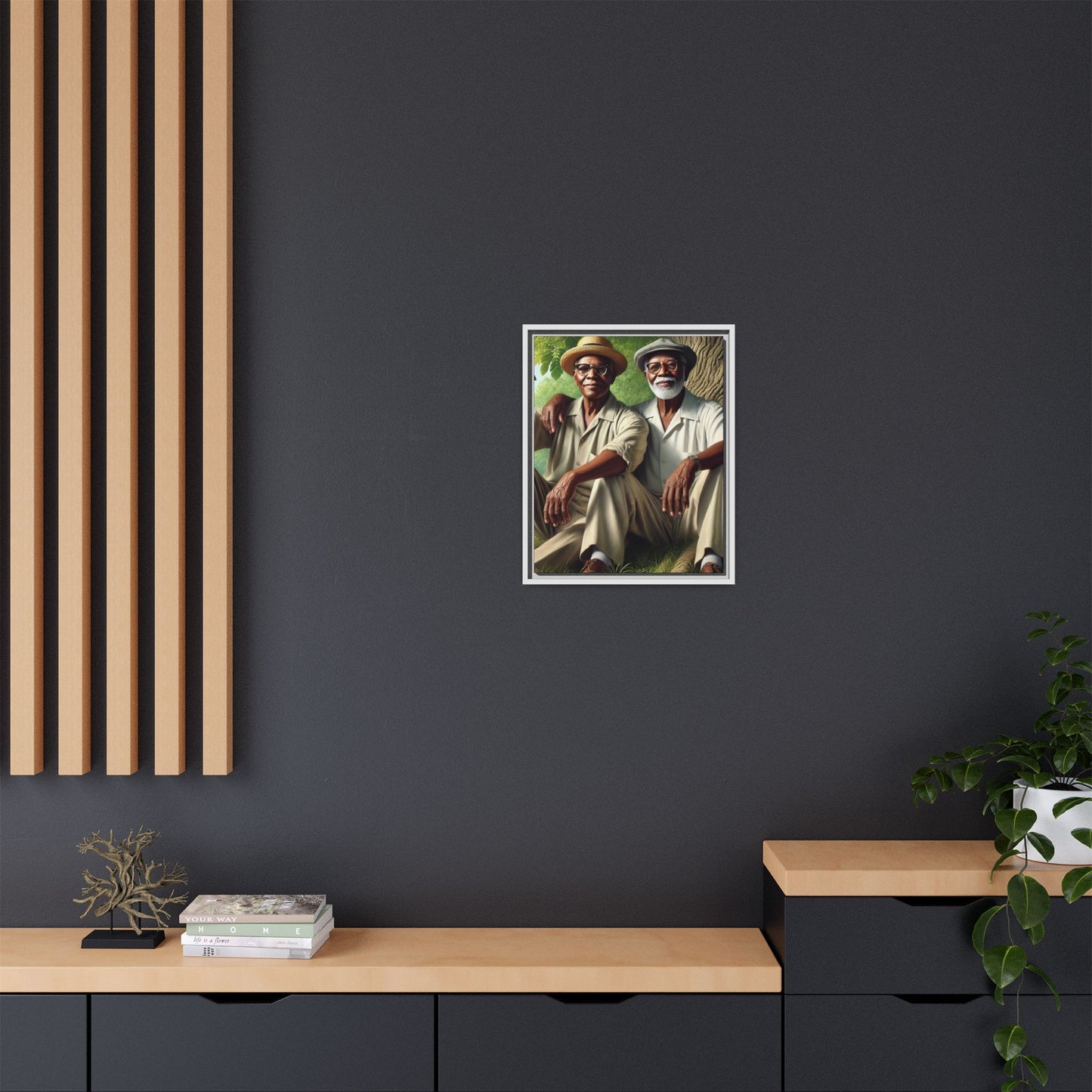 Framed artwork of a gay African-American couple in Cedar Rapids, Iowa, 1930s, celebrating love and resilience.