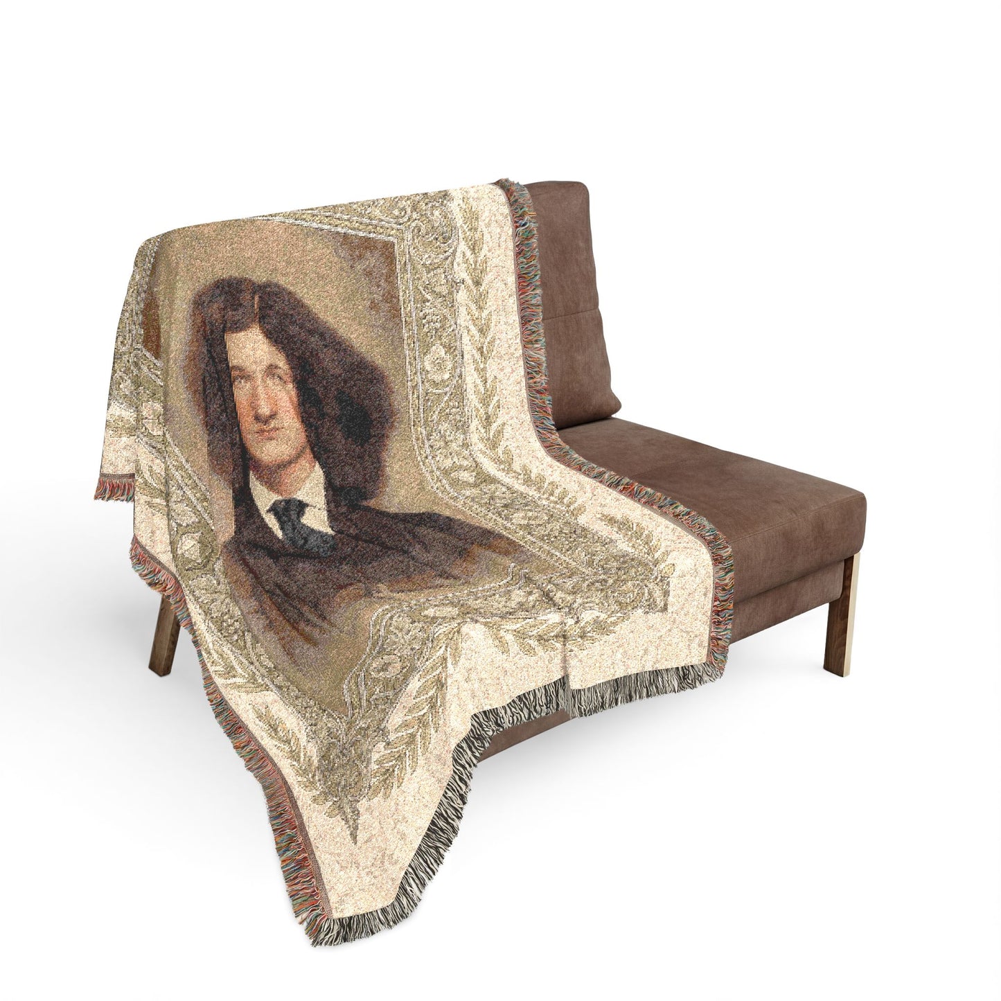 Historical bust-length portrait blanket featuring a three-piece suit and long center-parted hair