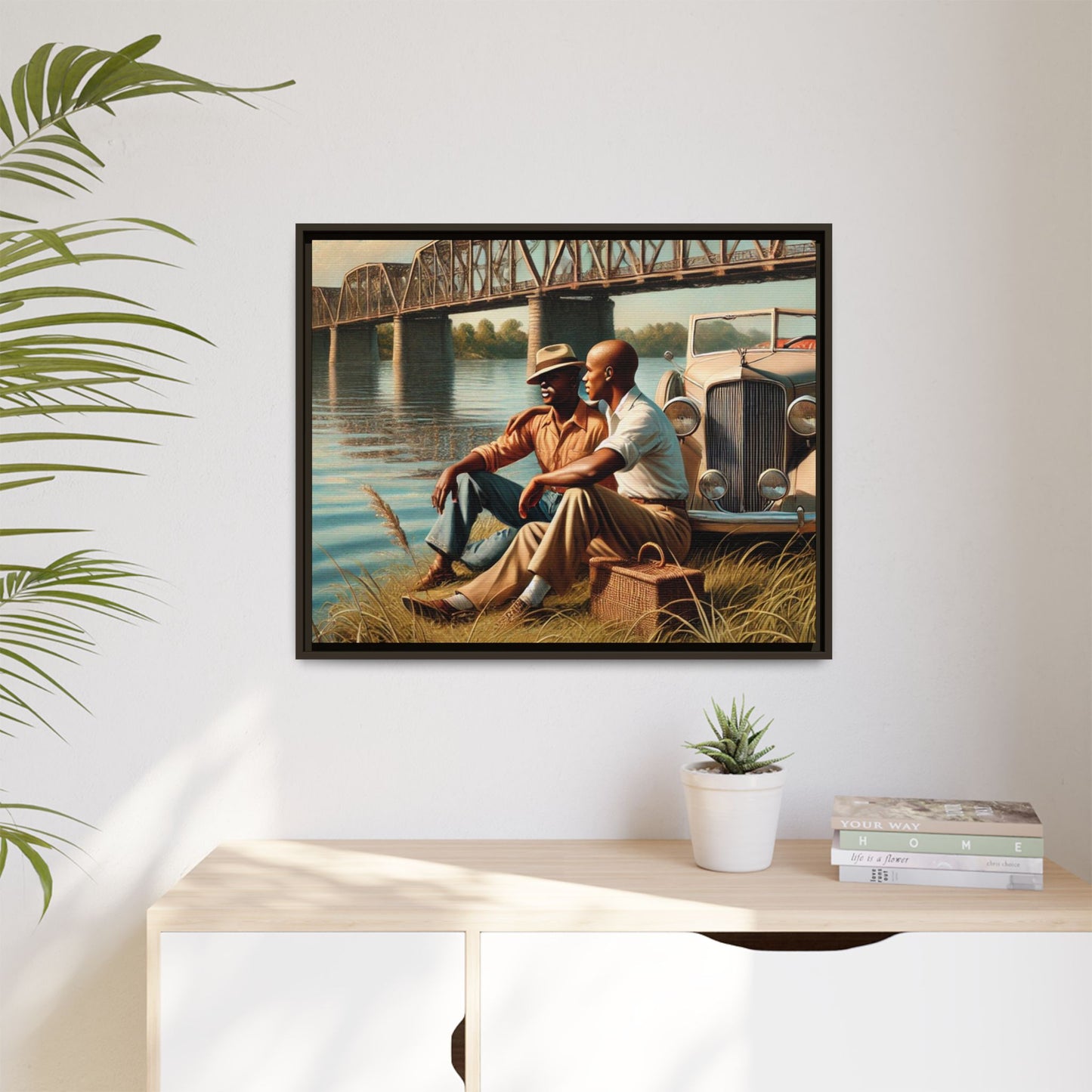 Vintage-style painting of an African-American gay couple in the 1930s by the Mississippi River with a Packard car, celebrating love and resilience.