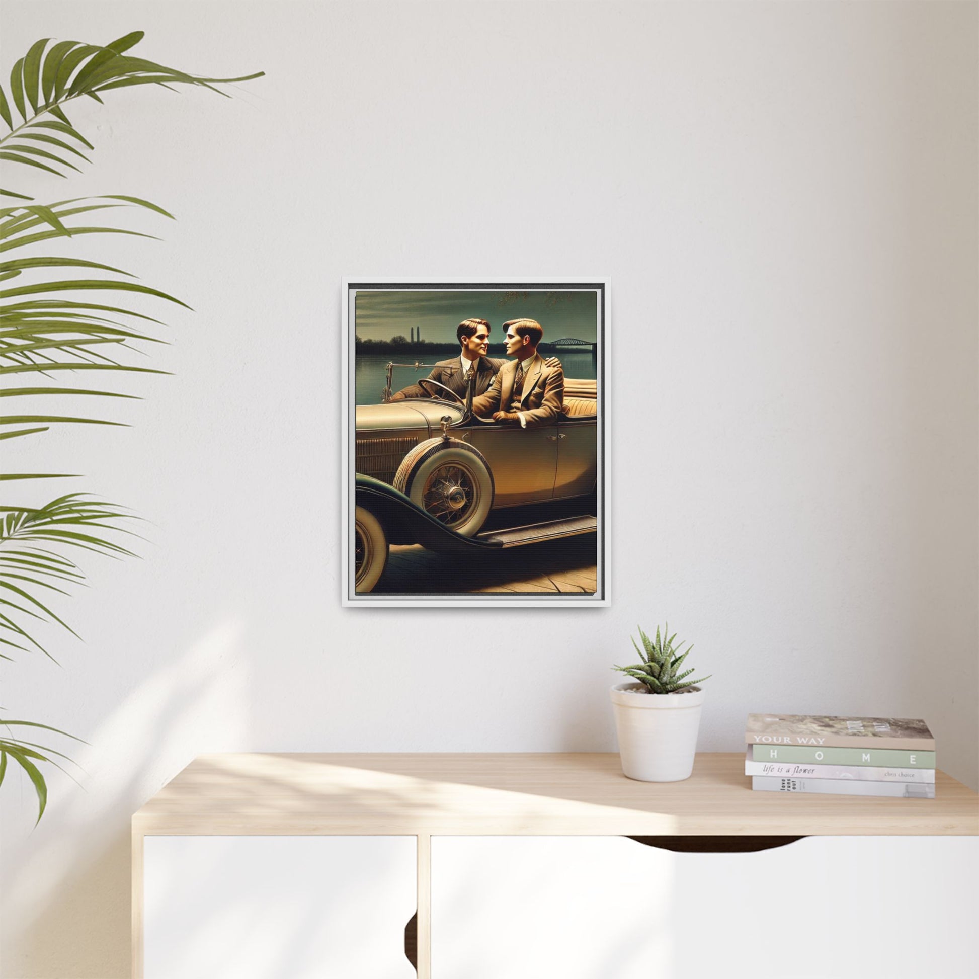 Vintage-style artwork of a gay couple in a 1930 Packard car by the Mississippi River under moonlight, celebrating love and history.