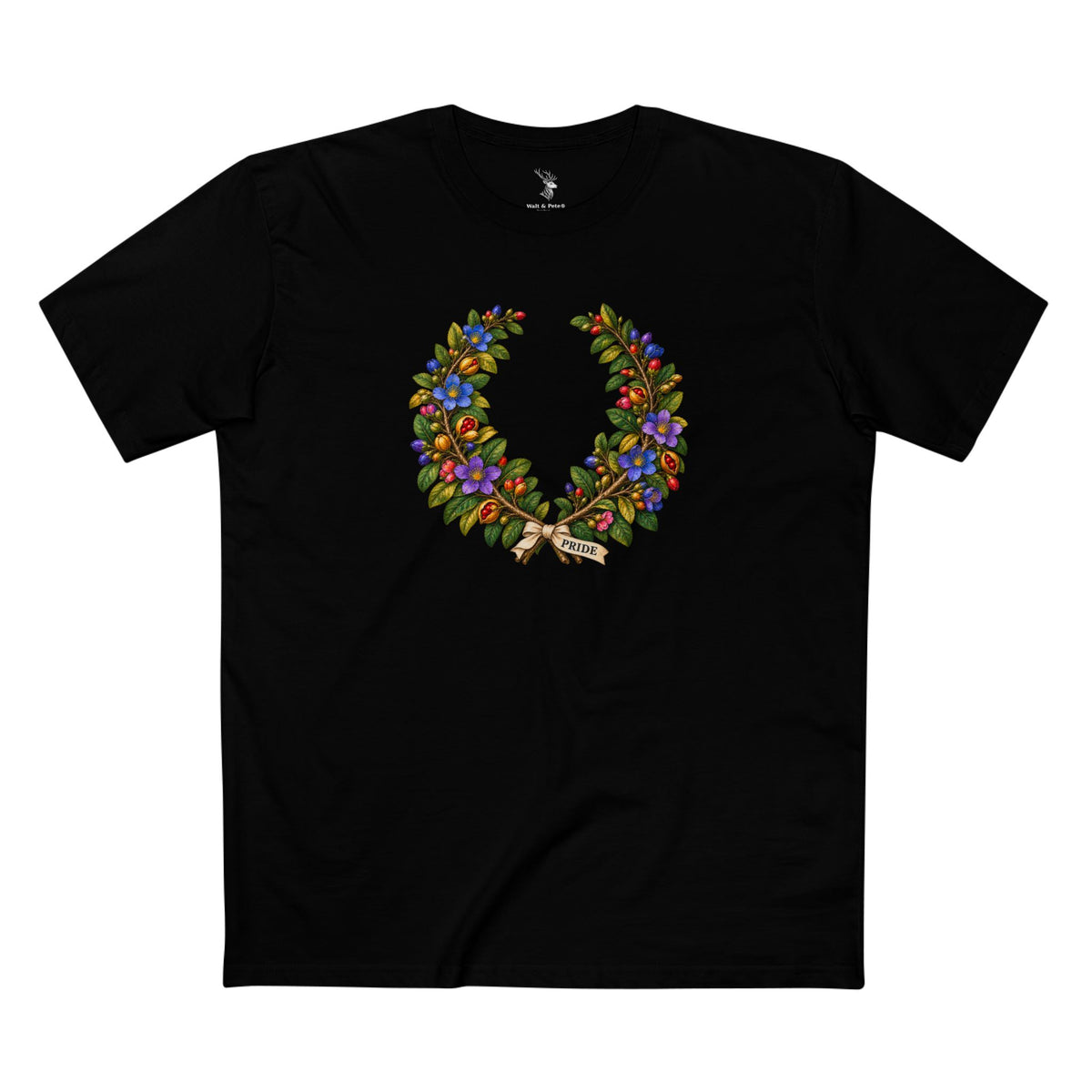 Illustrated Jamaican lignum vitae Pride wreath with blue-violet flowers, green leaves, golden fruit, red seeds, pink accents, and the word PRIDE.