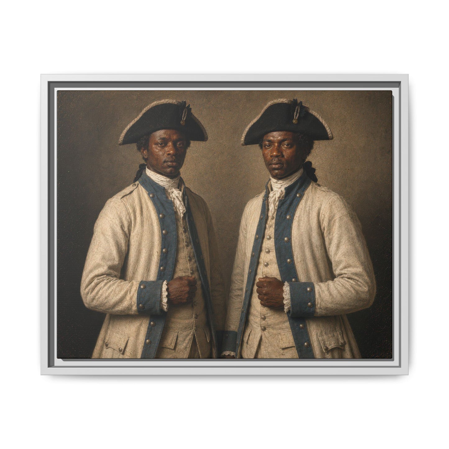 Historical Revolutionary War portrait featuring African-descended soldiers serving with the French Expeditionary Forces in America.