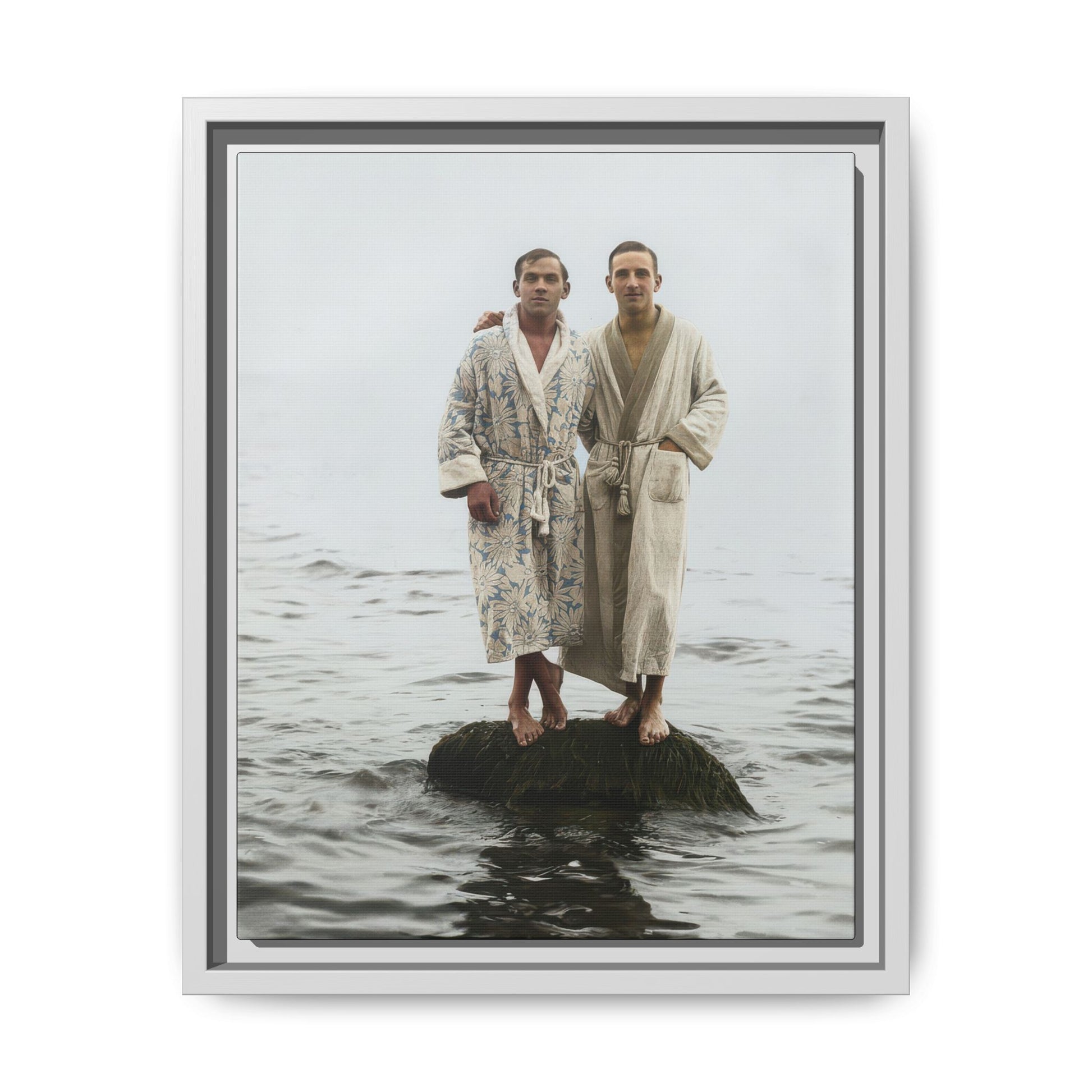 Historical coastal snapshot reproduced as archival canvas wall art with two figures in water 