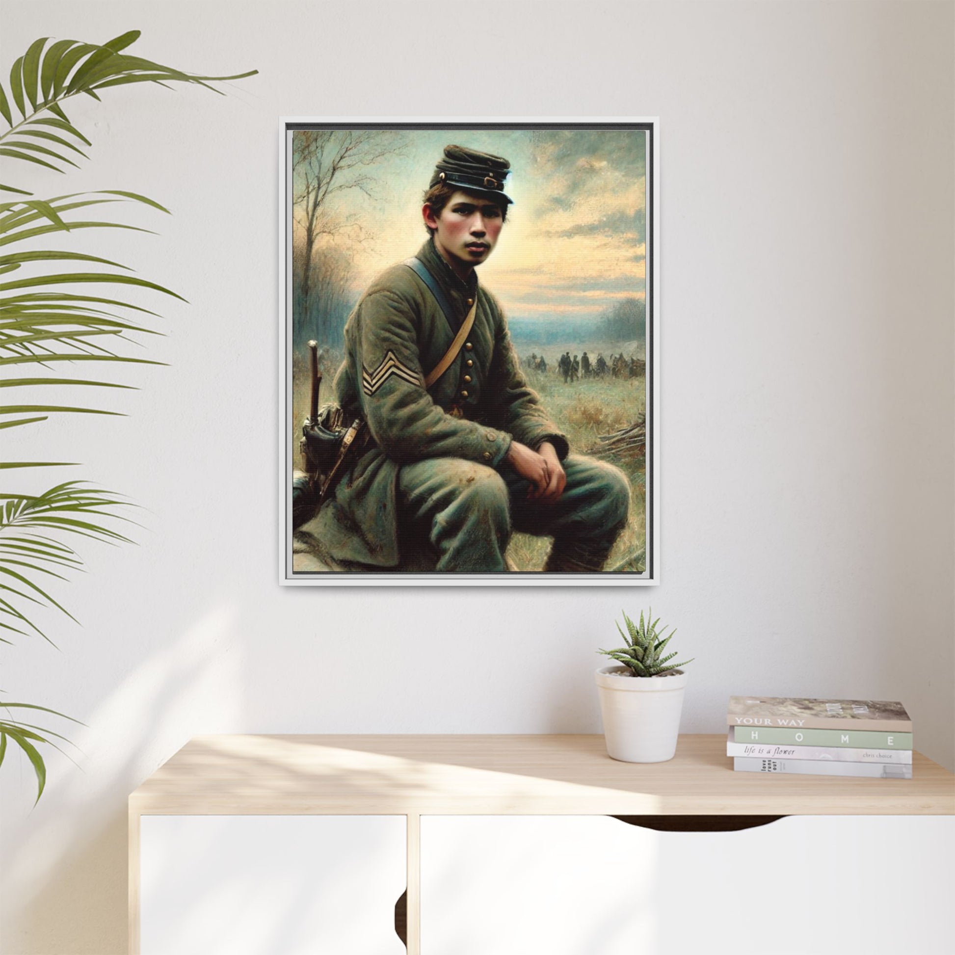 Framed artwork of a Civil War Union soldier inspired by Walt Whitman’s Leaves of Grass and Drum-Taps, depicting themes of sacrifice, strength, and vulnerability amidst a 19th-century battlefield.