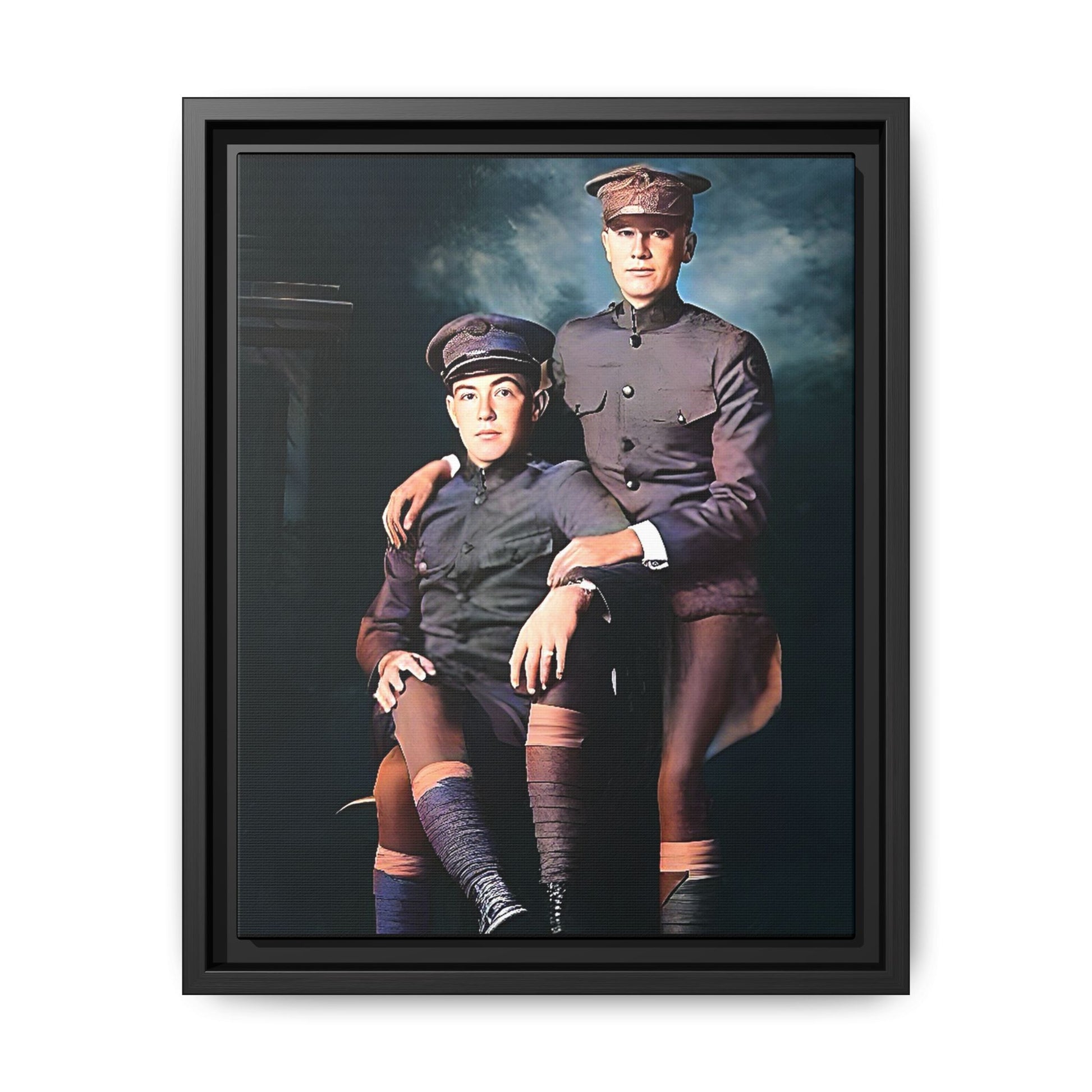 Restored WWI-era photo of Frederick & Hugh, gay soldiers seated together in Providence, Rhode Island, framed canvas art.