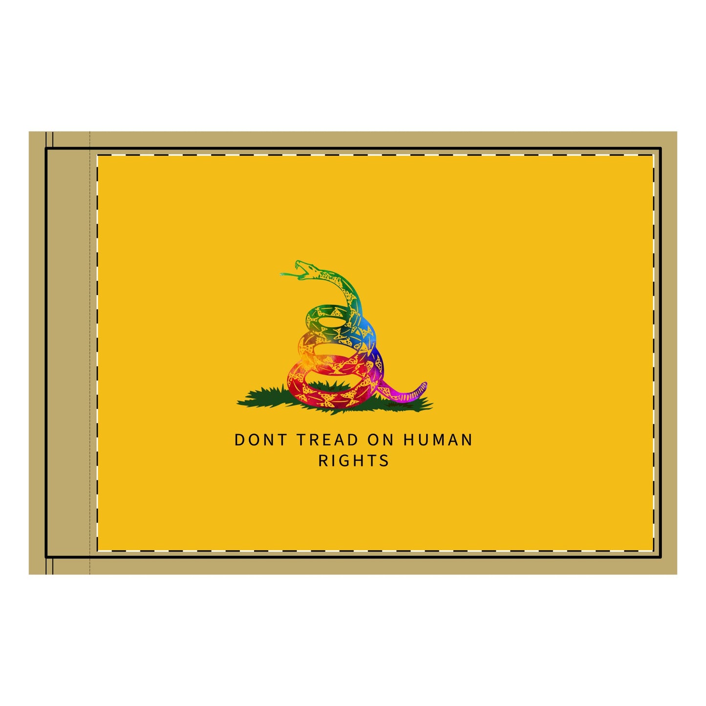 A vibrant reinterpretation of the Gadsden Flag featuring a coiled rainbow rattlesnake on a golden yellow background with the text "Don’t Tread on Human Rights," symbolizing inclusivity, equality, and justice. Don’t Tread on me. Gay Pride Flag