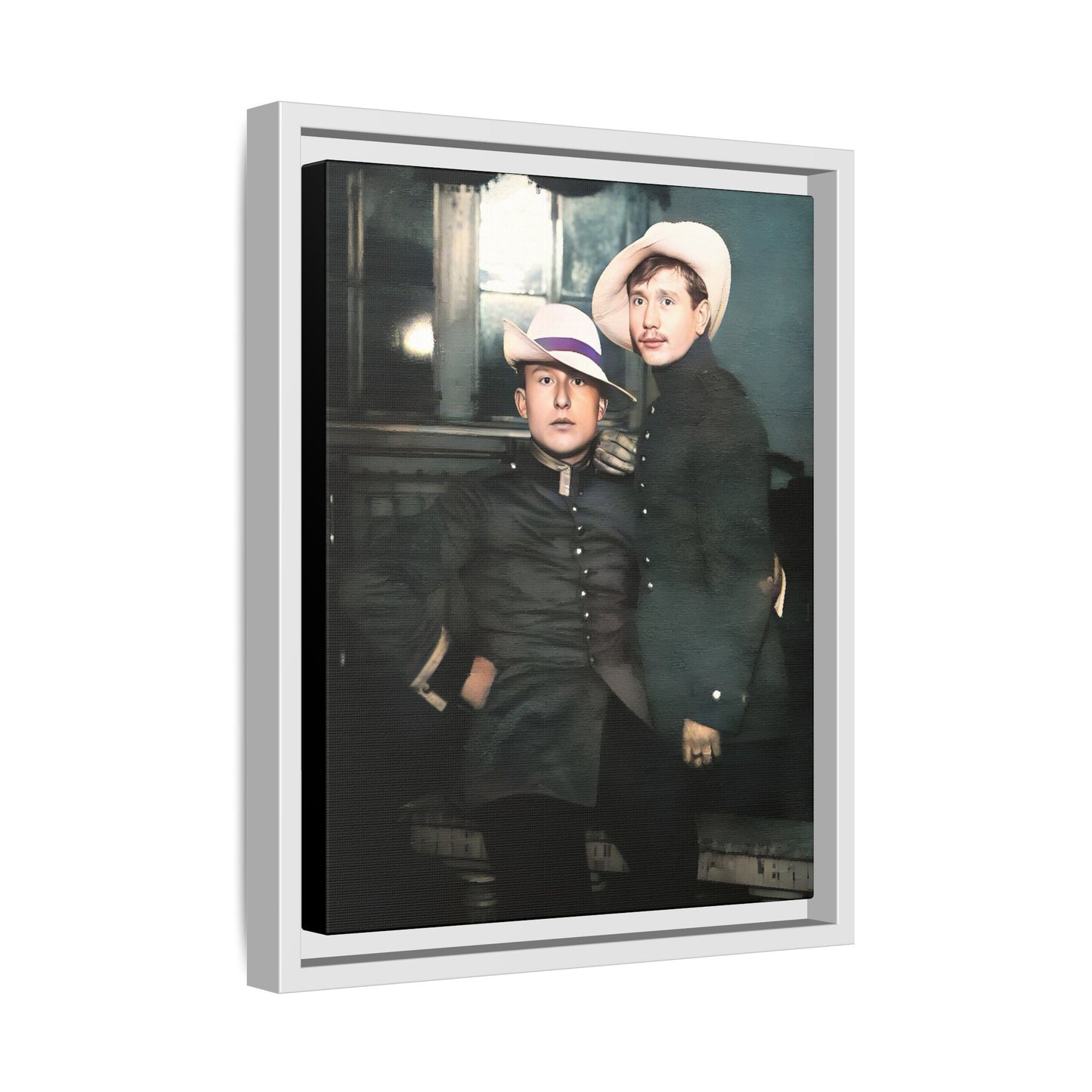 Restored vintage photograph of Flavio and Eustolio, an early 20th-century LGBTQ+ military couple from El Paso, Texas. Displayed as a framed matte canvas print, showcasing timeless love and resilience.